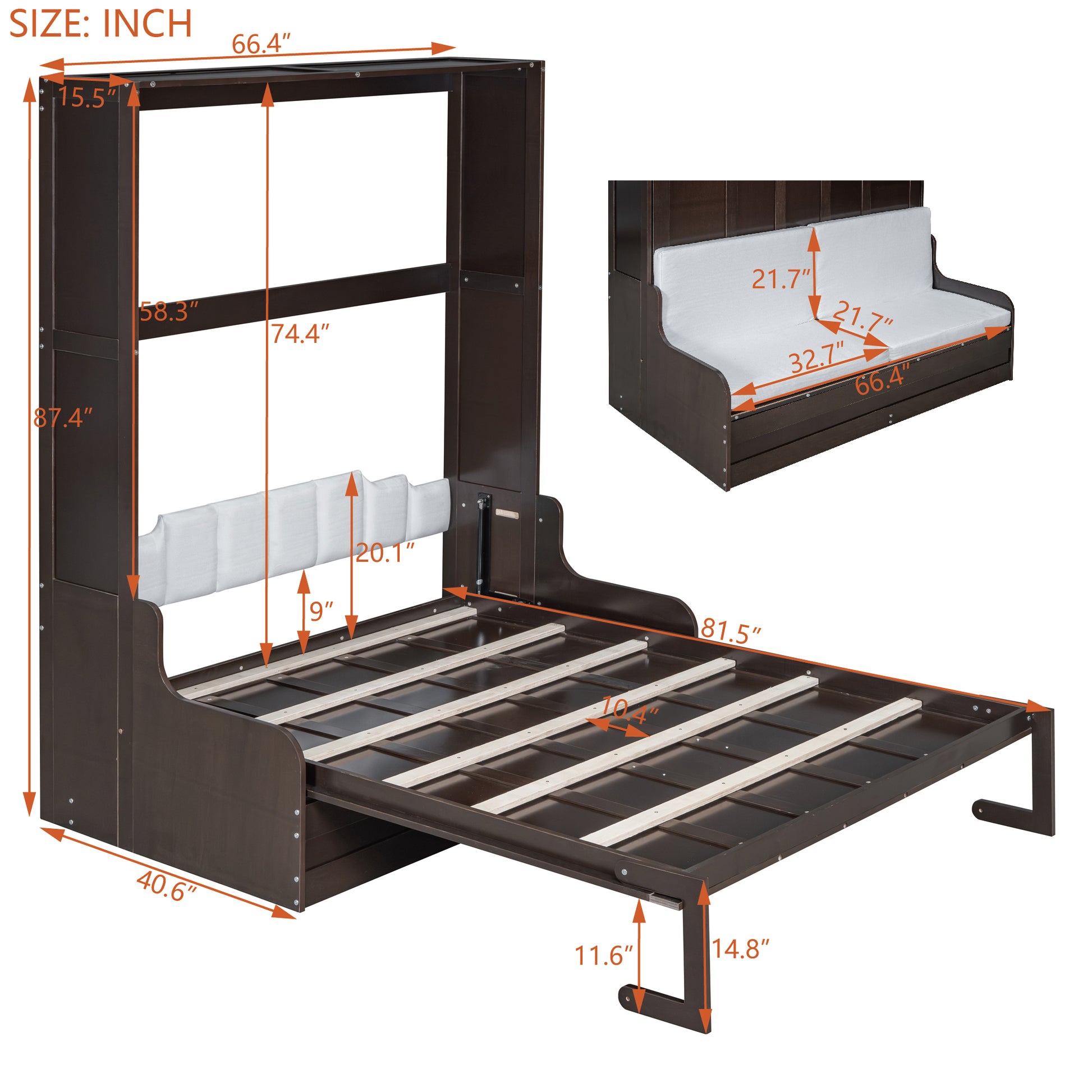 Queen Size Murphy Bed Wall Bed With Cushion,Espresso Queen Espresso Mdf Lvl