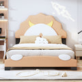 Twin Size Upholstered Leather Platform Bed With Lion Shaped Headboard, Brown Brown Upholstered