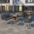 K&K 4 Piece Boho Rope Patio Furniture Set, Outdoor Furniture With Acacia Wood Table, Patio Conversation Set With Deep Seating & Thick Cushion For Backyard Porch Balcony, Grey Yes Complete Patio Set Grey Weather Resistant Frame Fade Resistant Cushion