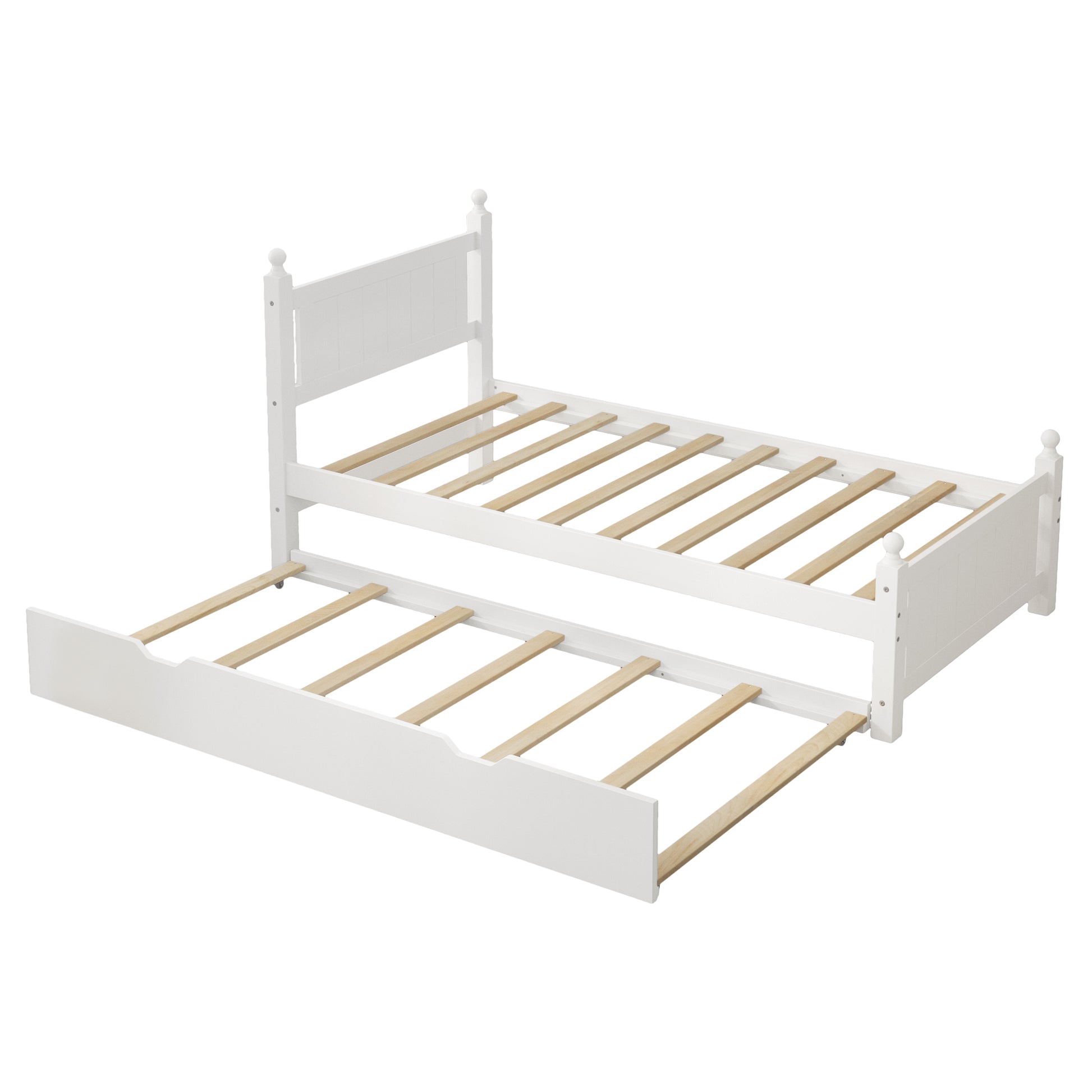 Twin Size Solid Wood Platform Bed Frame With Trundle For Limited Space Kids, Teens, Adults, No Need Box Spring, White Box Spring Not Required Twin White Wood Bedroom Mid Century Modern,Modern Pine Bed Frame Wood