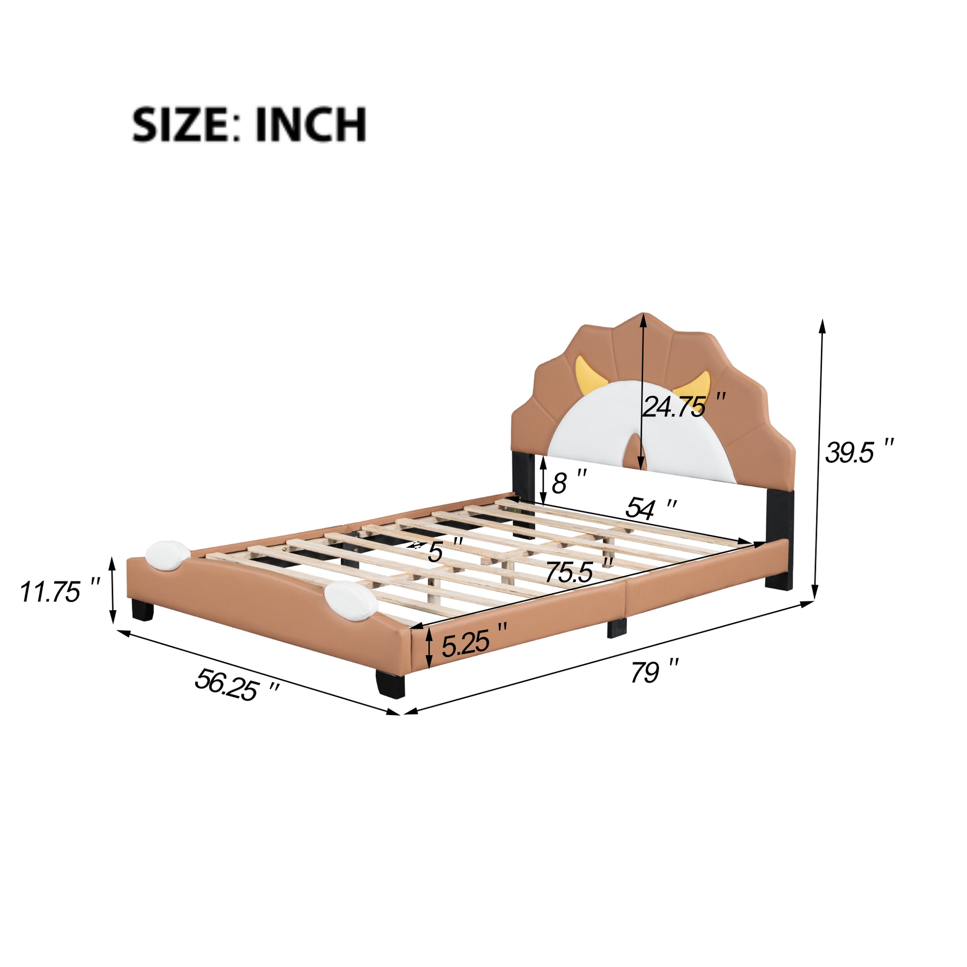 Full Size Upholstered Leather Platform Bed With Lion Shaped Headboard, Brown Brown Upholstered