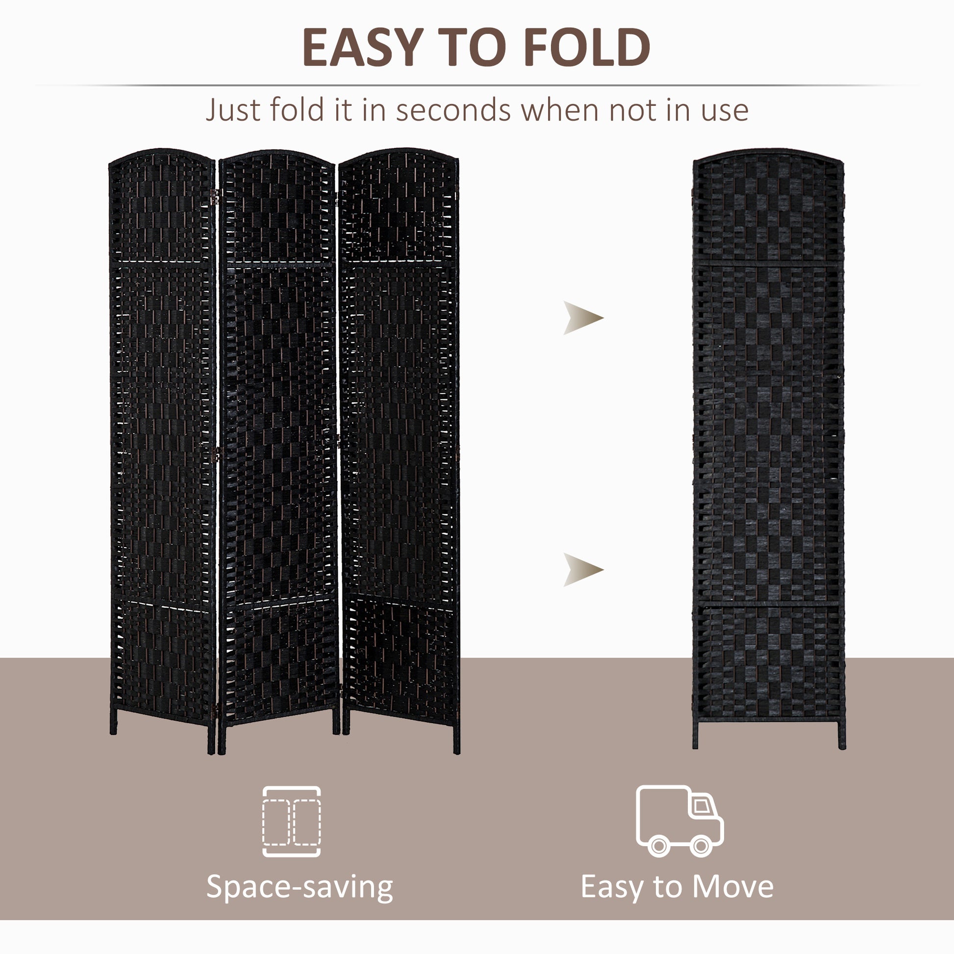 6' Tall Wicker Weave 3 Panel Room Divider Privacy Screen Black Black Wood