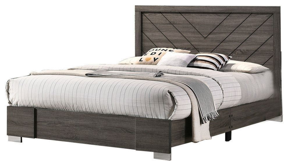 Contemporary Grey Finish Unique Queen Size Bed 1Pc Bedroom Furniture Unique Lines Headboard Wooden Box Spring Not Required Queen Gray Wood Bedroom Classic,Contemporary,Modern Bed Frame Solid Wood Mdf