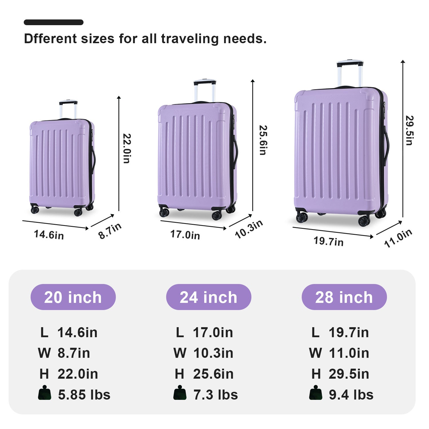 Luggage Sets Model Expandable Abs Pc 3 Piece Sets With Spinner Wheels Lightweight Tsa Lock 20 24 28 , Light Purple Light Purple Abs Pc