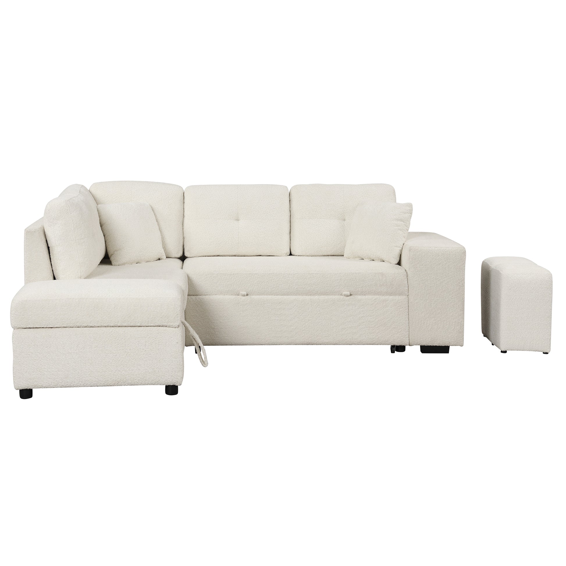 87.7" Convertible Sleeper, Sectional Pull Out Sofa Bed With Storage Ottoman, 2 Throw Pillows, 2 Stools, Wireless Charger And Two Hidden Usb Ports For Living Room, Cream Cream Chenille 4 Seat