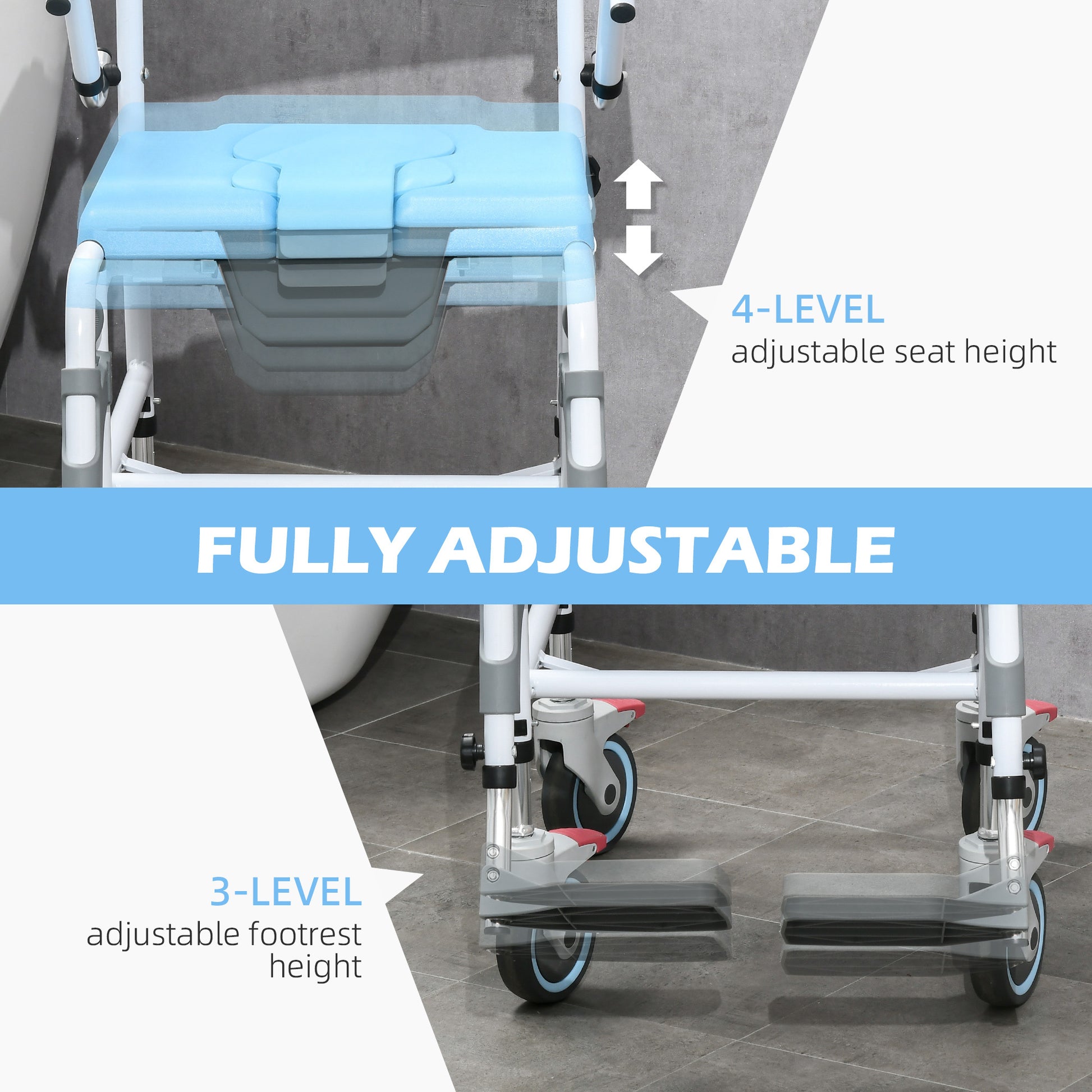 Accessibility Commode Wheelchair, Rolling Shower Wheelchair With 4 Castor Wheels, Rectangle Detachable Bucket, & Waterproof Design, 17" Seat Width, Blue Blue Pu Leather