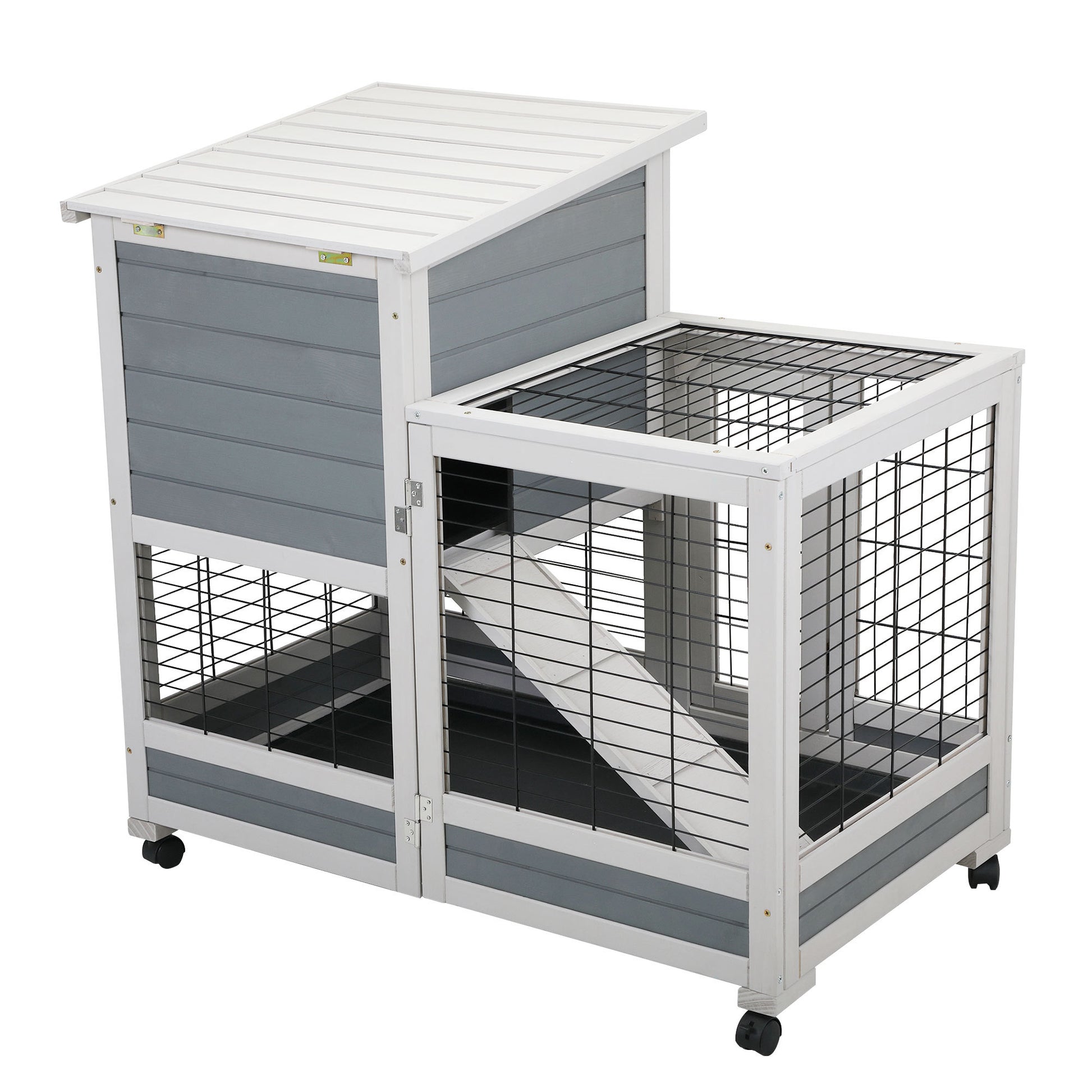 Wooden Rabbit Hutch, Outdoor Pet Bunny House Wooden Cage With Ventilation Gridding Fence, Openable Door, Cleaning Tray, Gray Gray Wood