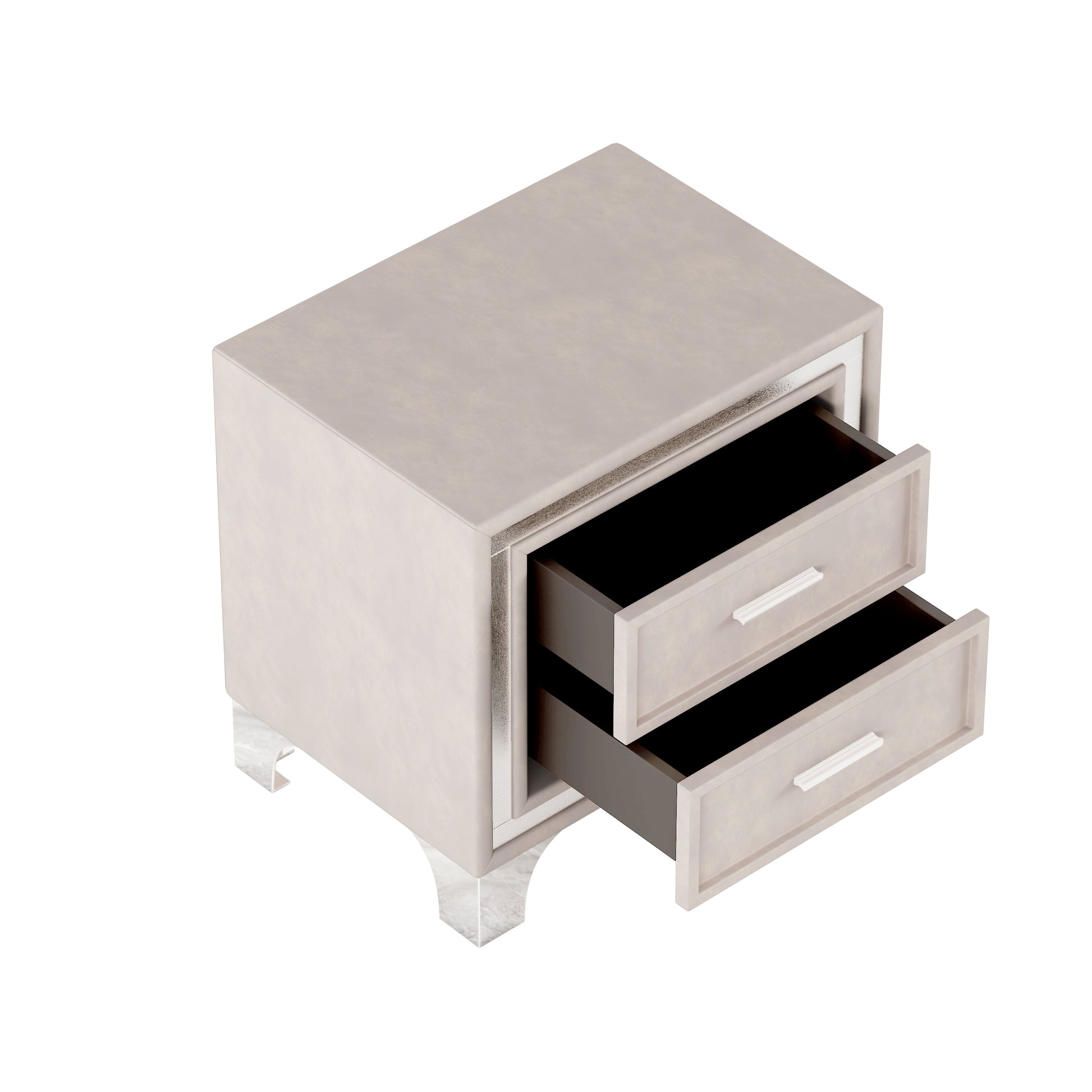 Mid Century Vintage Nightstand With Silver Glitter Strip Decor And Metal Legs, Velvet Bedside Table With 2 Drawers, Fully Assembled Except Legs And Handles, Beige Beige Velvet