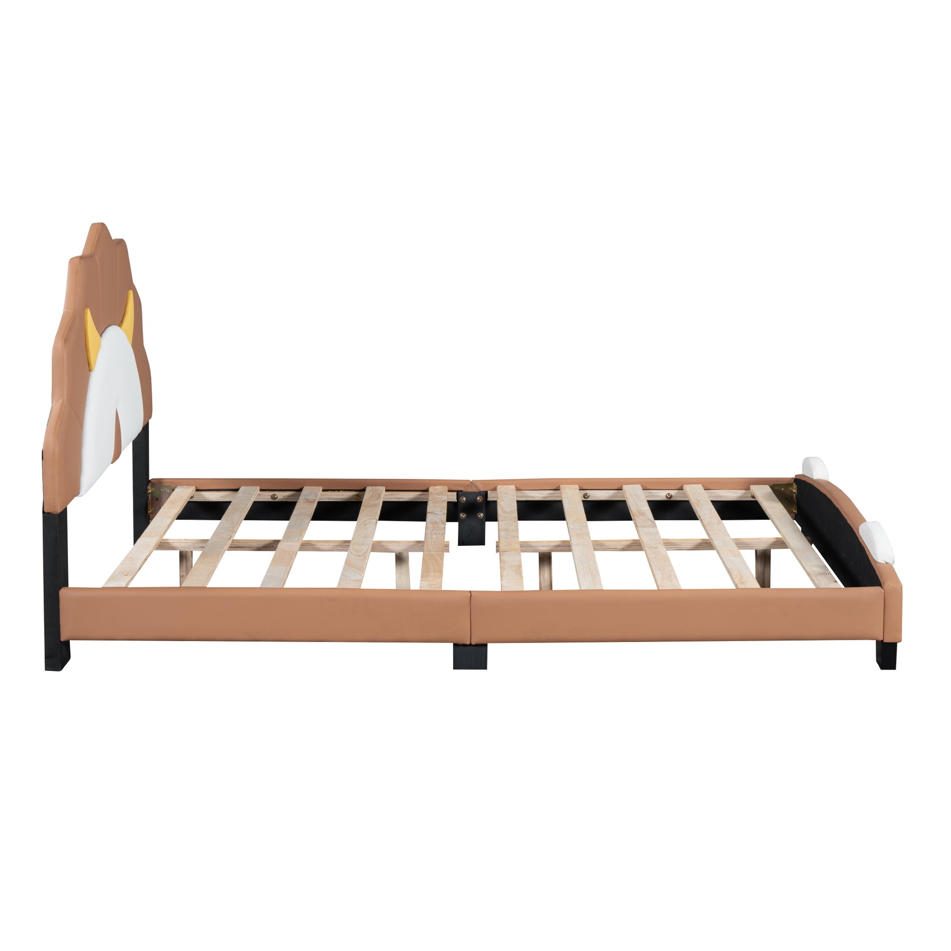 Full Size Upholstered Leather Platform Bed With Lion Shaped Headboard, Brown Brown Upholstered
