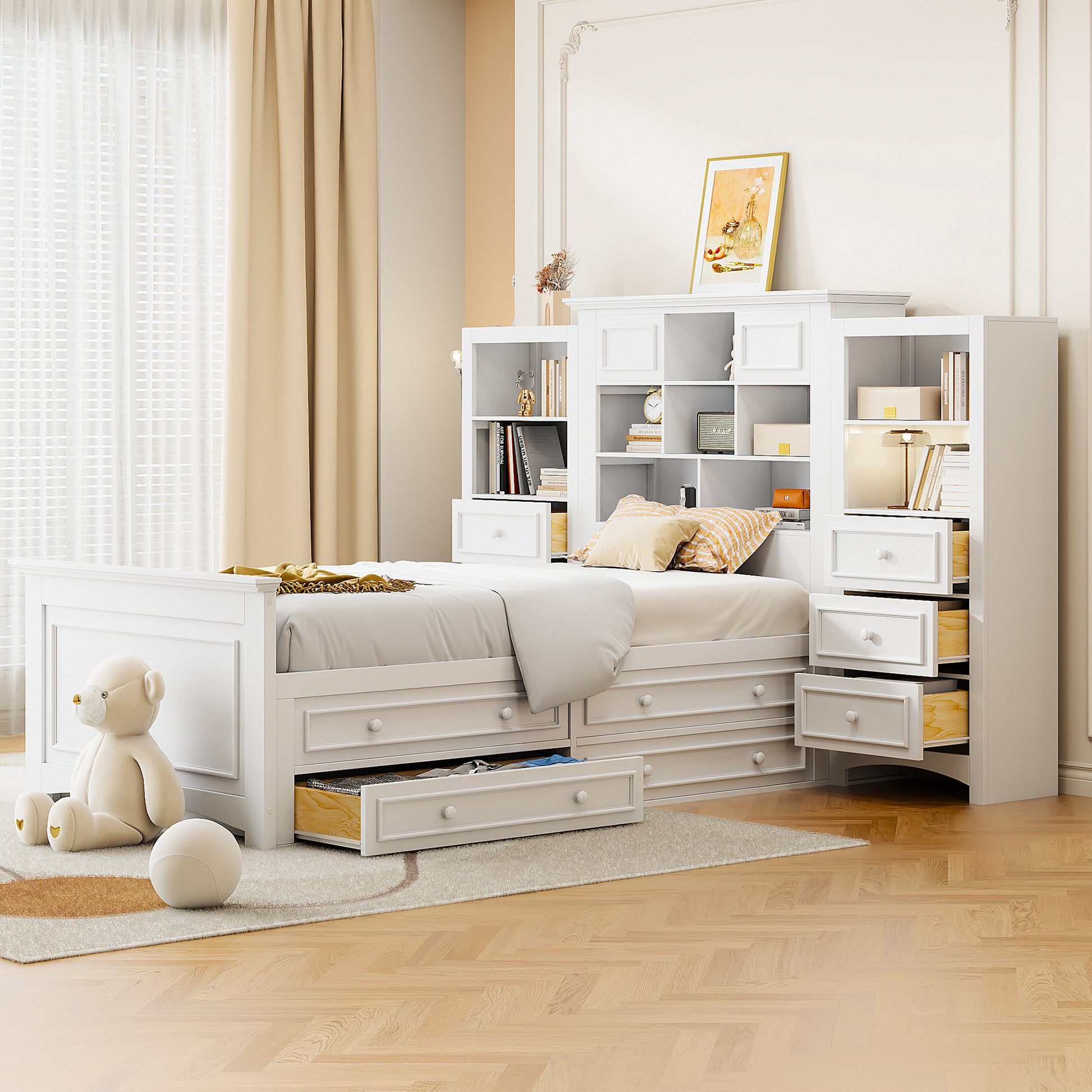 Twin Size Wood Platformbed With Vertical All In One Cabinet And 4 Drawers On Each Side, White Twin White Solid Wood Mdf