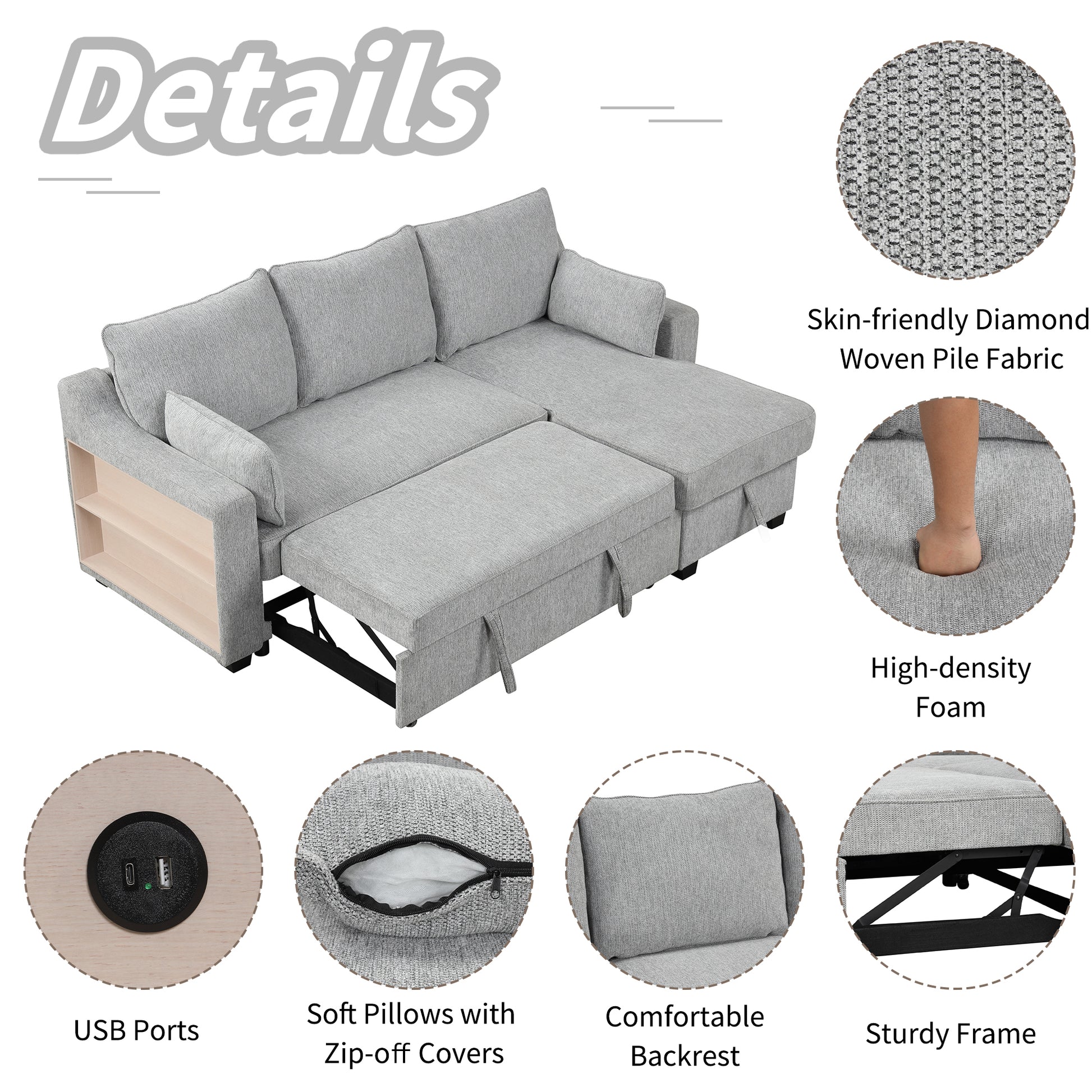 90" Pull Out Sleeper Sofa L Shaped Couch Convertible Sofa Bed With Storage Chaise, Storage Racks And Usb Ports, Light Grey Light Grey Foam Polyester 3 Seat