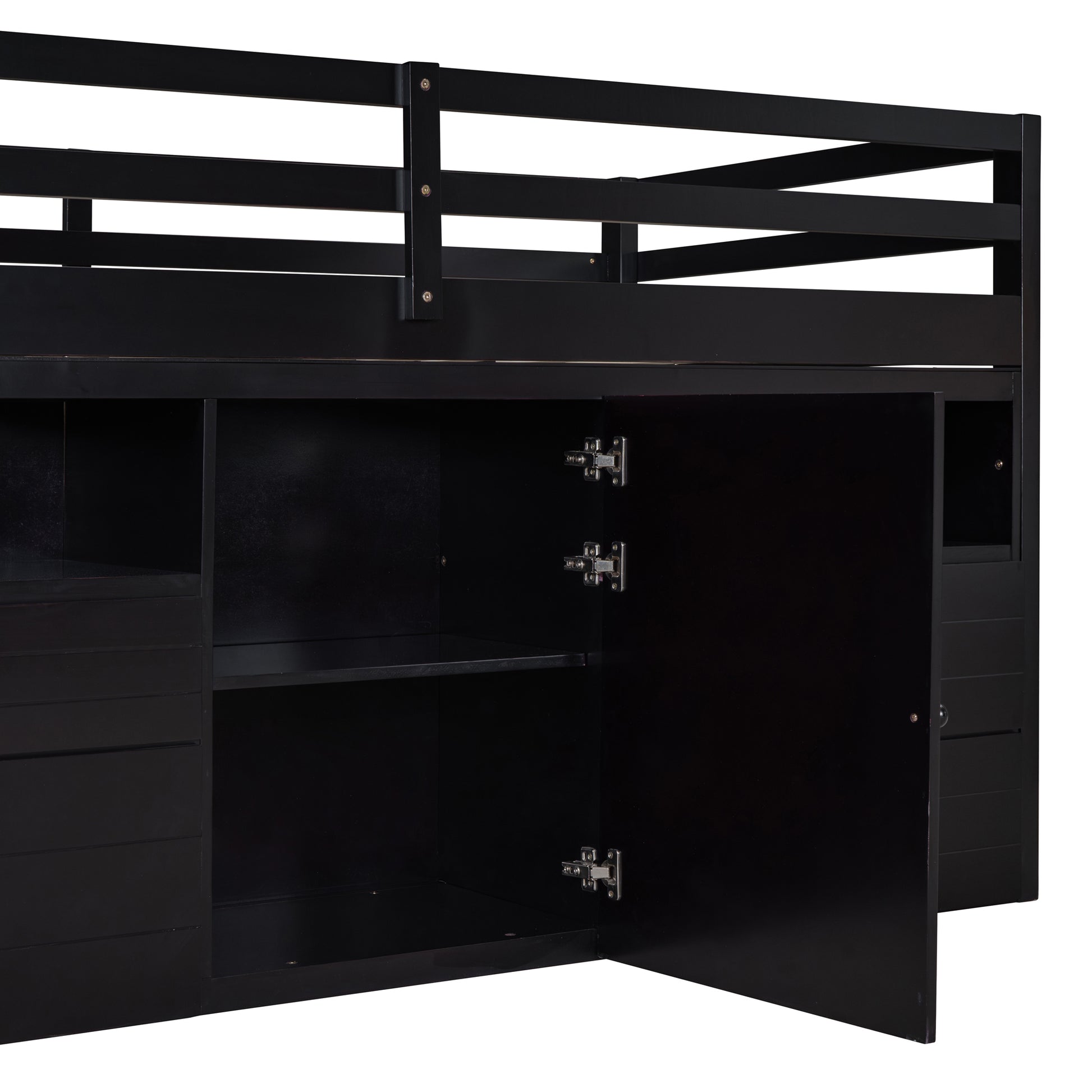 Twin Size Loft Bed With 4 Drawers, Underneath Cabinet And Shelves, Espresso Espresso Solid Wood Mdf