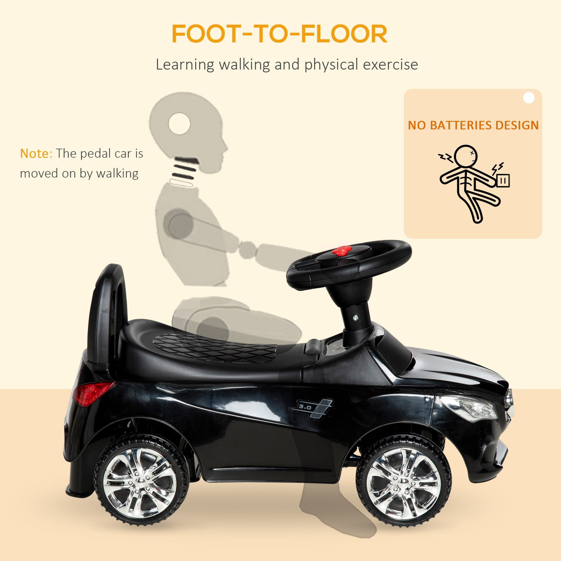 Kids Ride On Push Car, Foot To Floor Walking Sliding Toy Car For Toddler With Working Horn, Music, Headlights And Storage, Black Black Metal