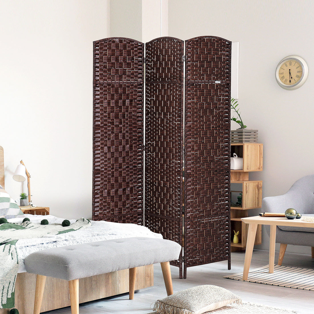 6' Tall Wicker Weave 3 Panel Room Divider Privacy Screen Brown Brown Wood