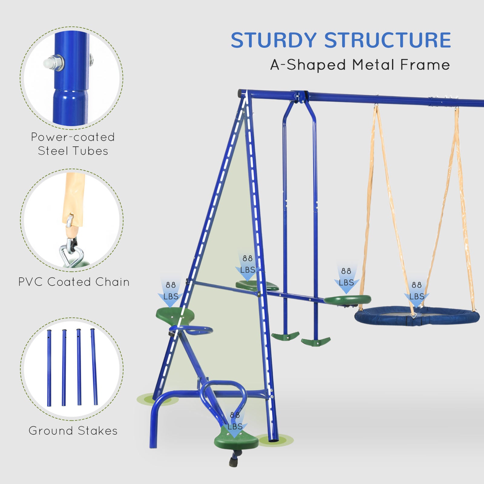 616 Lbs Swing Set For Backyard, 5 In 1 Heavy Duty A Frame Stand Outdoor Playset For Kids, With Saucer Swing, Slide, Seesaw, Glider, Swing Seat Blue Steel