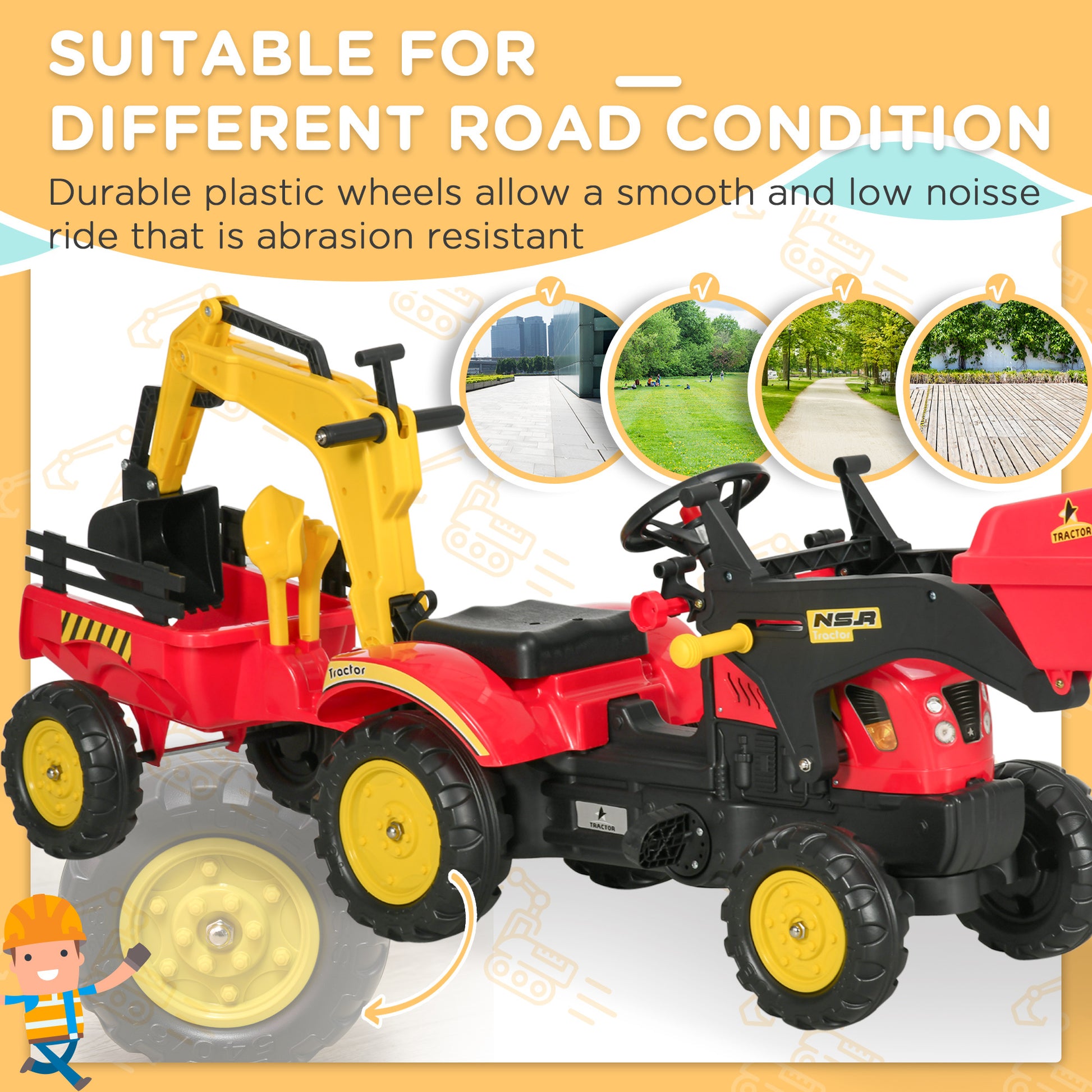 3 In1 Kids Ride On Excavator Bulldozer, Pedal Car Digger Toy Move Forward Back With 6 Wheels And Detachable Cargo Trailer Yellow Steel