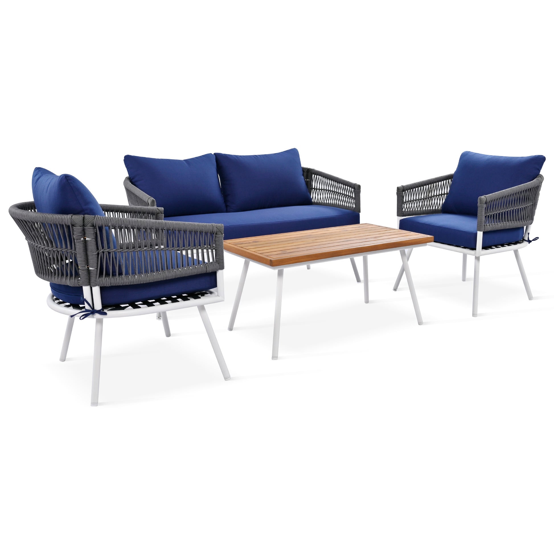 K&K 4 Piece Boho Rope Patio Furniture Set, Outdoor Furniture With Acacia Wood Table, Patio Conversation Set With Deep Seating & Thick Cushion For Backyard Porch Balcony, Navy Blue Yes Complete Patio Set Navy Blue Weather Resistant Frame Fade Resistant