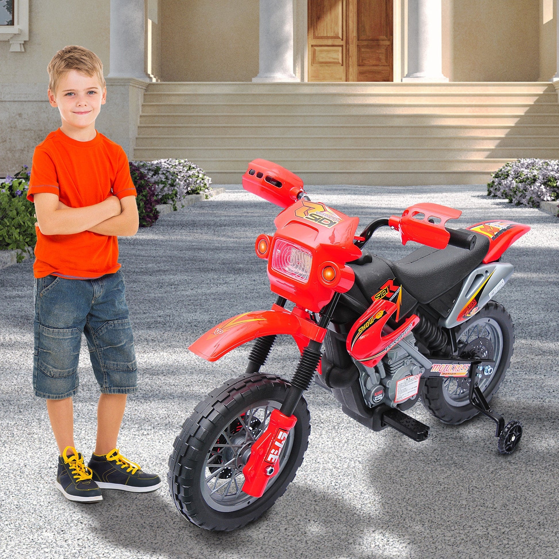 6V Kids Motorcycle Dirt Bike Electric Battery Powered Ride On Toy Off Road Street Bike With Training Wheels Red Red Steel