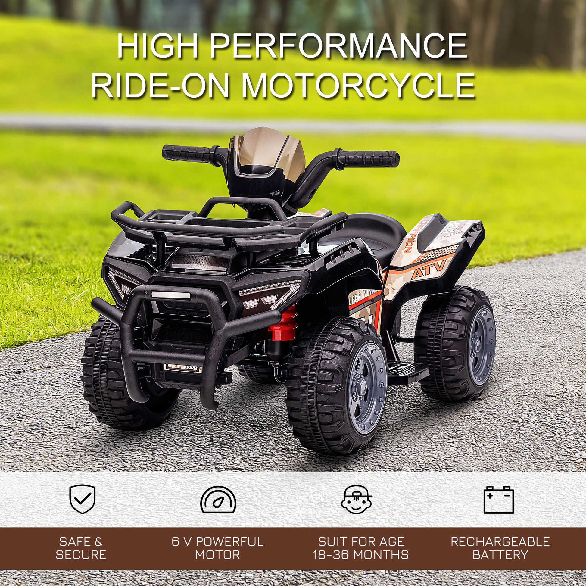 Kids Atv Four Wheeler Ride On Car, Motorized Quad, 6V Battery Powered Electric Quad With Songs For 18 36 Months, Black Black Steel