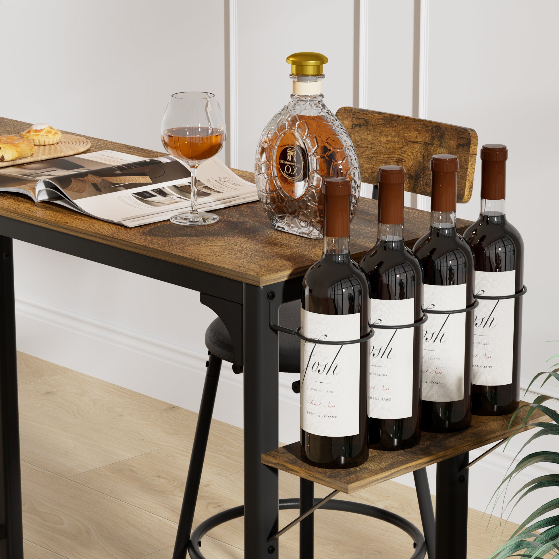 Wood Top Metal Base Side Table Industrial Bar Table With Two Chair Adjustable Table Base Bistro Whiskey Pub Table,47.44"W X 15.75"D X 35.43"H Metal Wood Antique Brown Seats 2 Metal Dining Room Square Metal & Wood