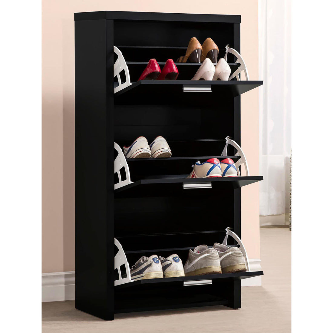 Black 3 Drawer Shoe Rack Freestanding 3 4 Drawers Black Primary Living Space Wood Shelves Contemporary,Modern Wood