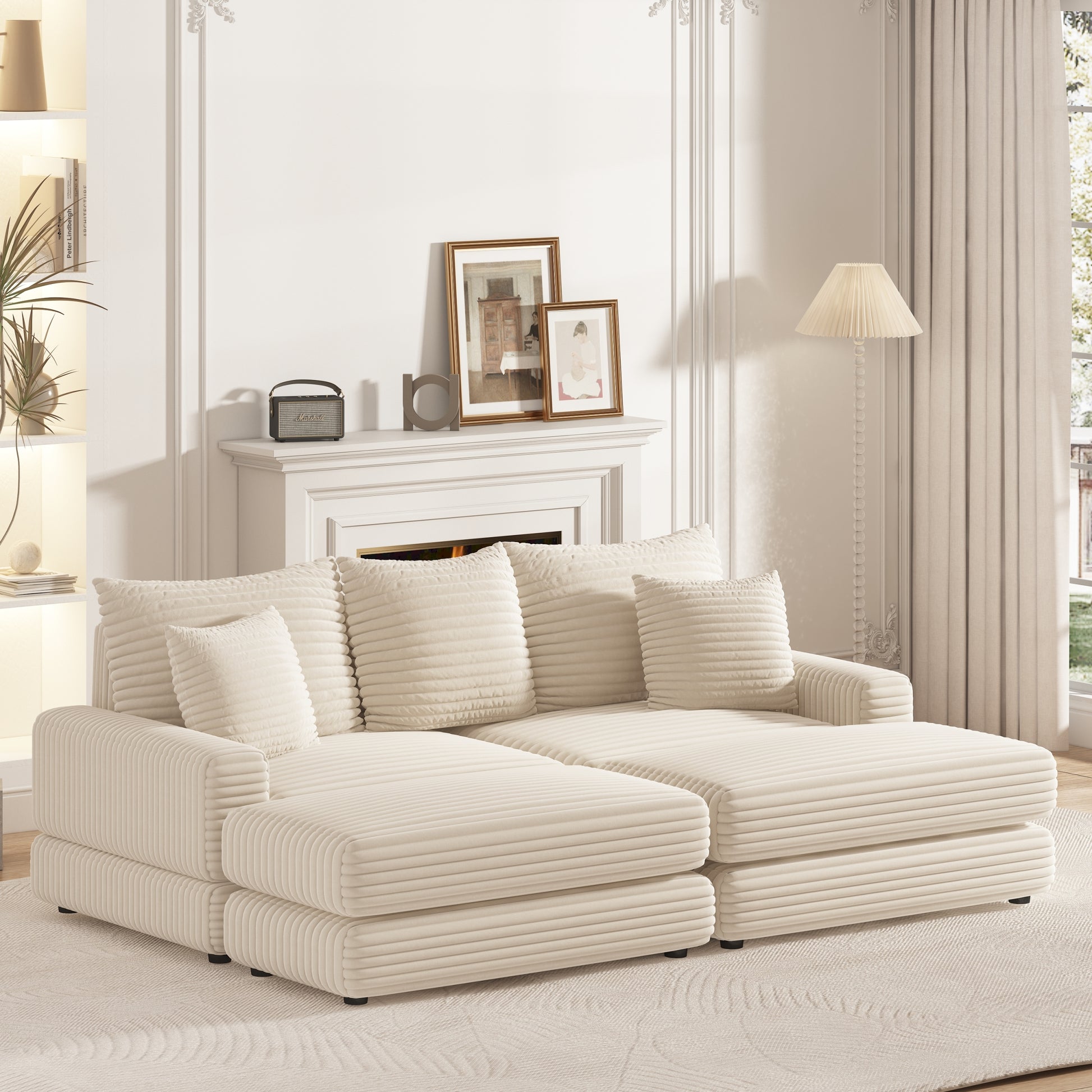 86.6Inch Corduroy 3 Seater Sofa With 3 Back Pillows2 Toss Pillows And Two Ottoman ,Comfy Sofa Deep Seat Couch For Living Room Beige Corduroy