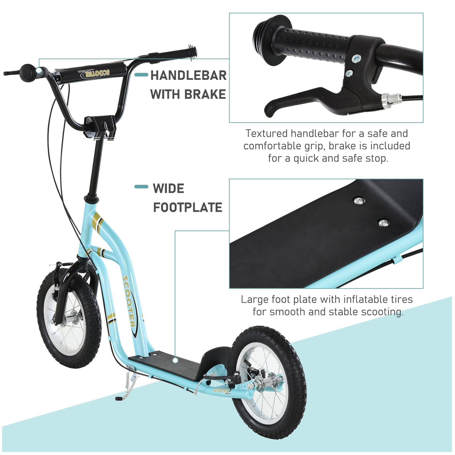 Youth Scooter Front And Rear Caliper Dual Brakes 12 Inch Inflatable Front Wheel Ride On Toy For Age 5 , Blue Blue Metal