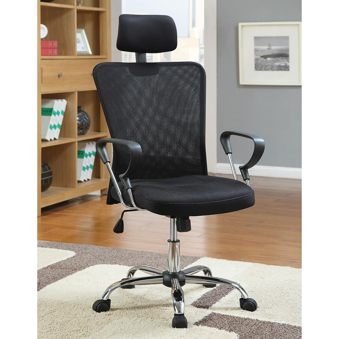 Black And Chrome Height Adjustable Office Chair With Casters Black Office Contemporary,Modern Office Chairs Foam Head Support Upholstered