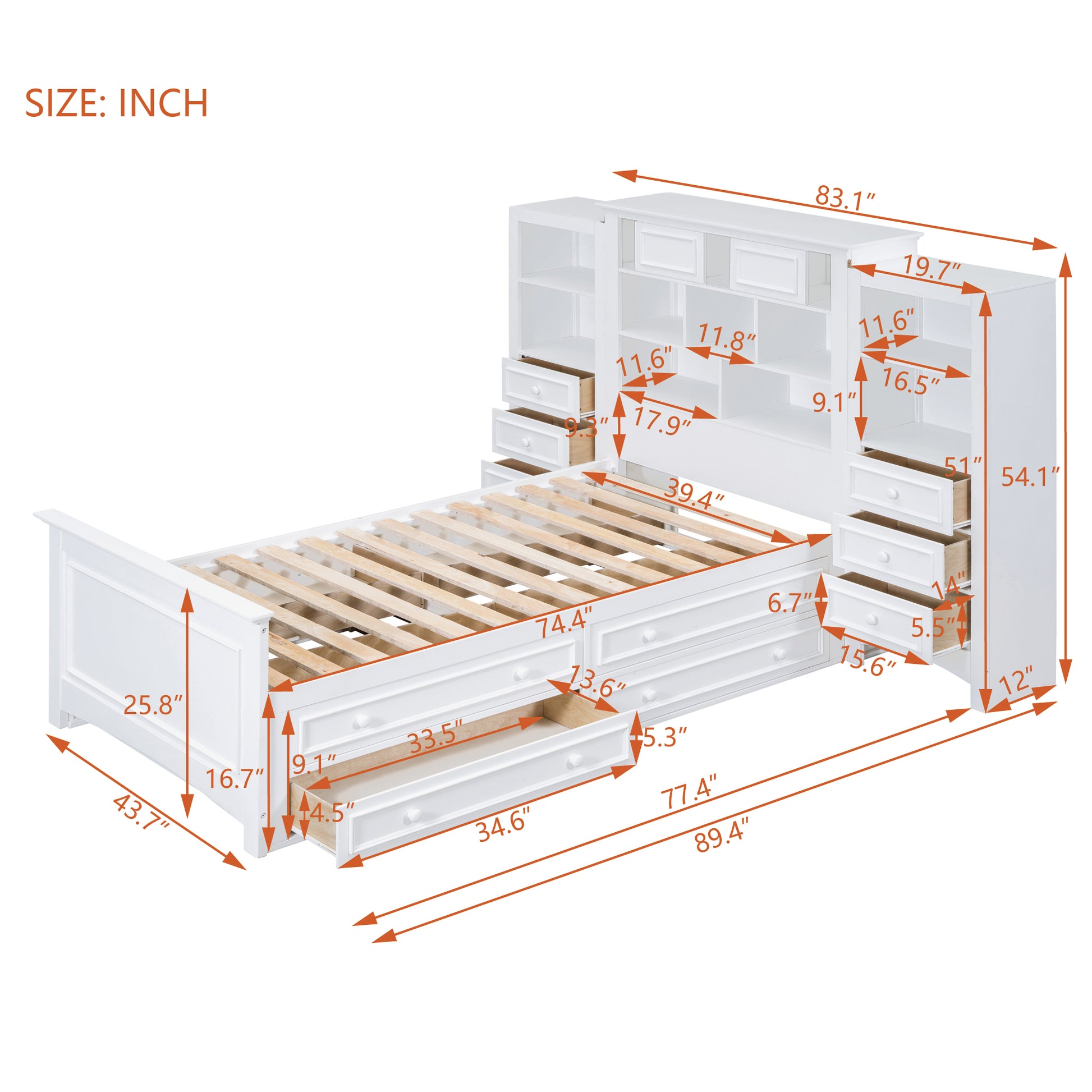 Twin Size Wood Platformbed With Vertical All In One Cabinet And 4 Drawers On Each Side, White Twin White Solid Wood Mdf