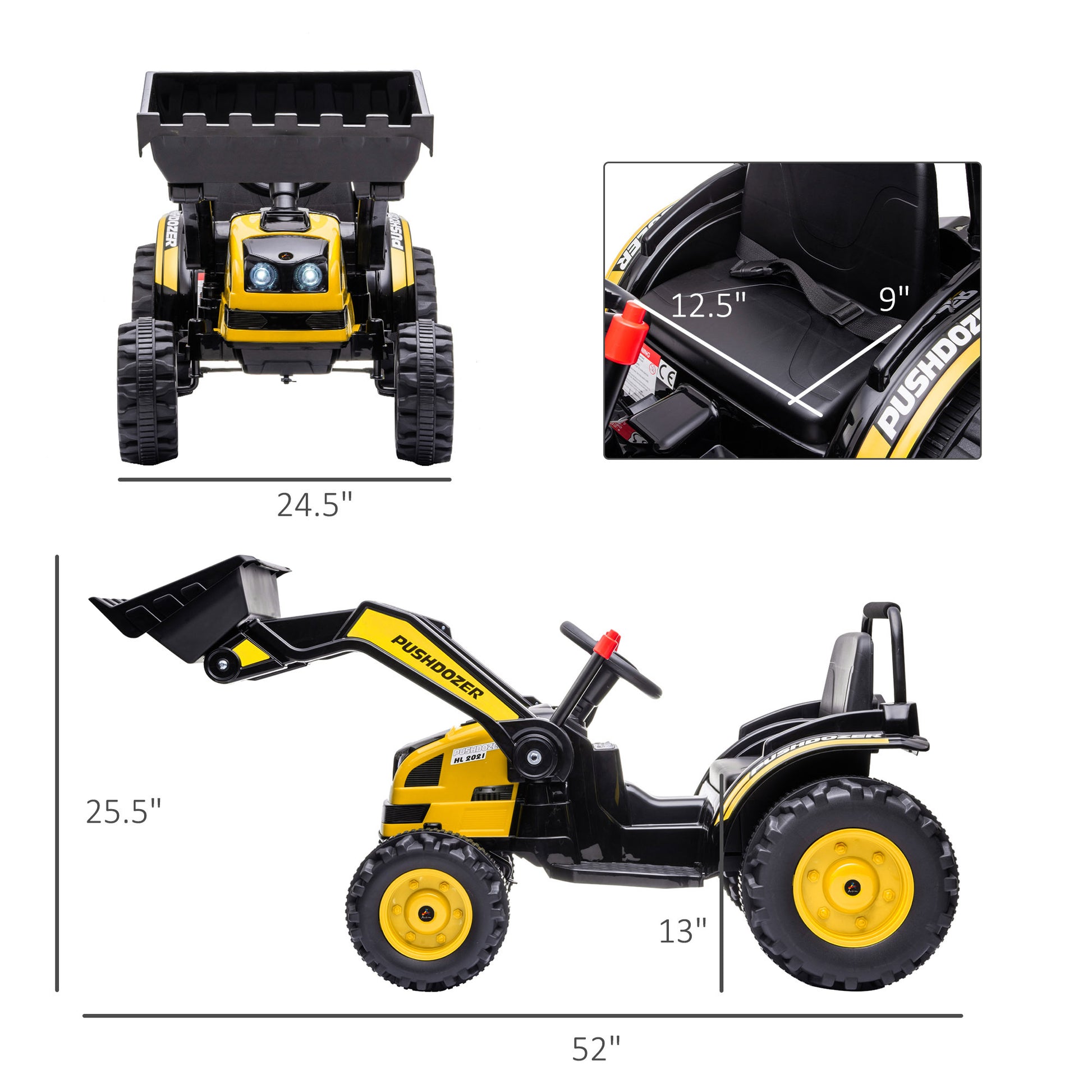 6V Kids Ride On Excavator, Bulldozer, Electric Construction Vehicle, Rechargeable Battery Powered Truck With Adjustable Bucket, High Low Speed, Realistic Sound And Headlights, Yellow Yellow Steel