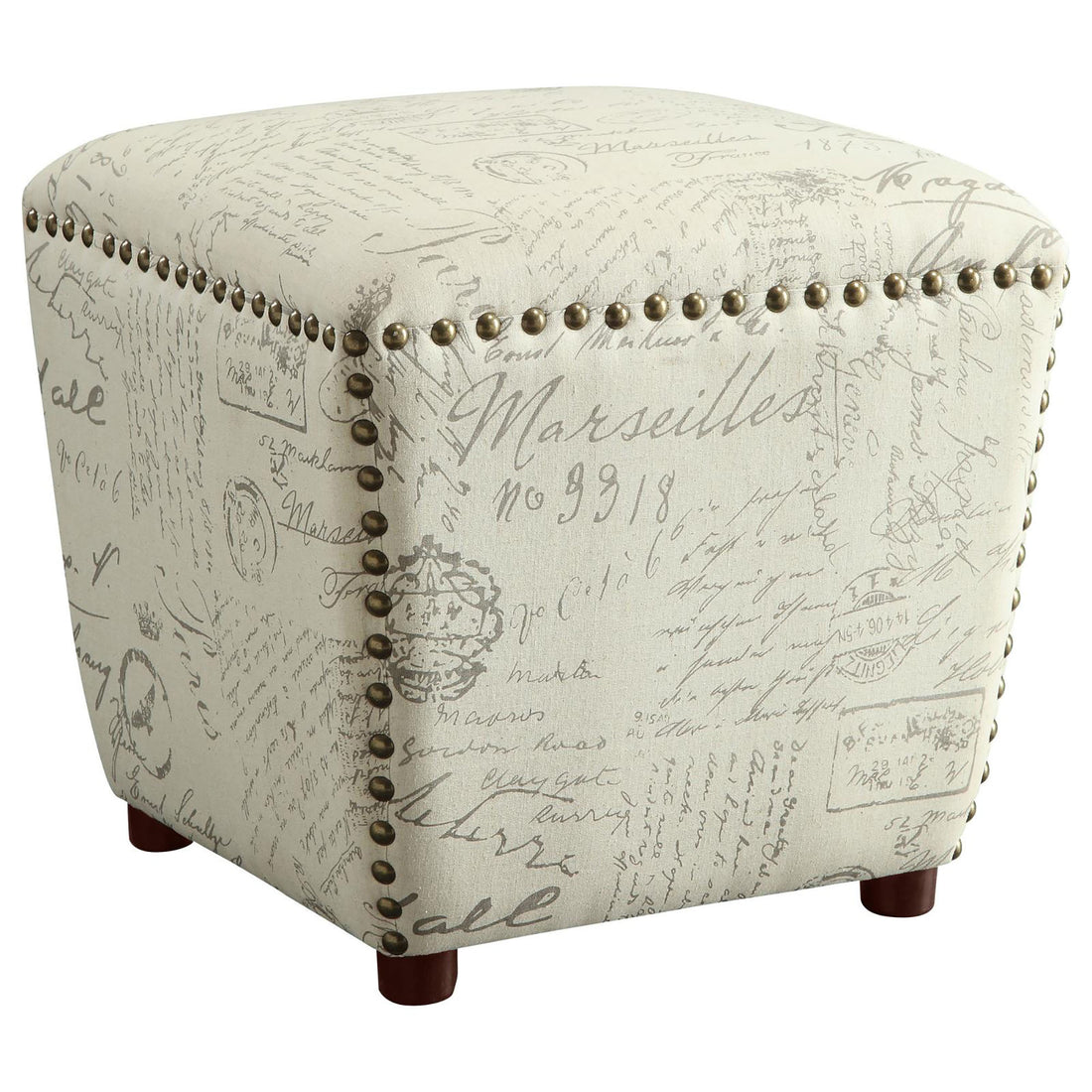 Off White French Script Ottoman Beige Linen Wood Primary Living Space Pattern Backless Transitional Rubberwood Standard Armless Foam Nailhead Trim Upholstered