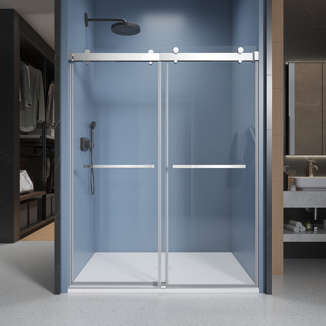 56'' 60'' W X 76'' H Soft Closing Double Sliding Frameless Shower Door With 3 8 Inch 10Mm Clear Glass In Chrome Chrome Stainless Steel