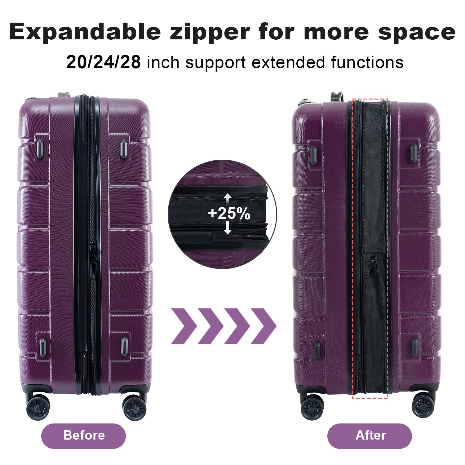 Luggage Sets Model Expandable Abs Pc 3 Piece Sets With Spinner Wheels Lightweight Tsa Lock 20 24 28 ,Deep Purple Purple Abs Pc