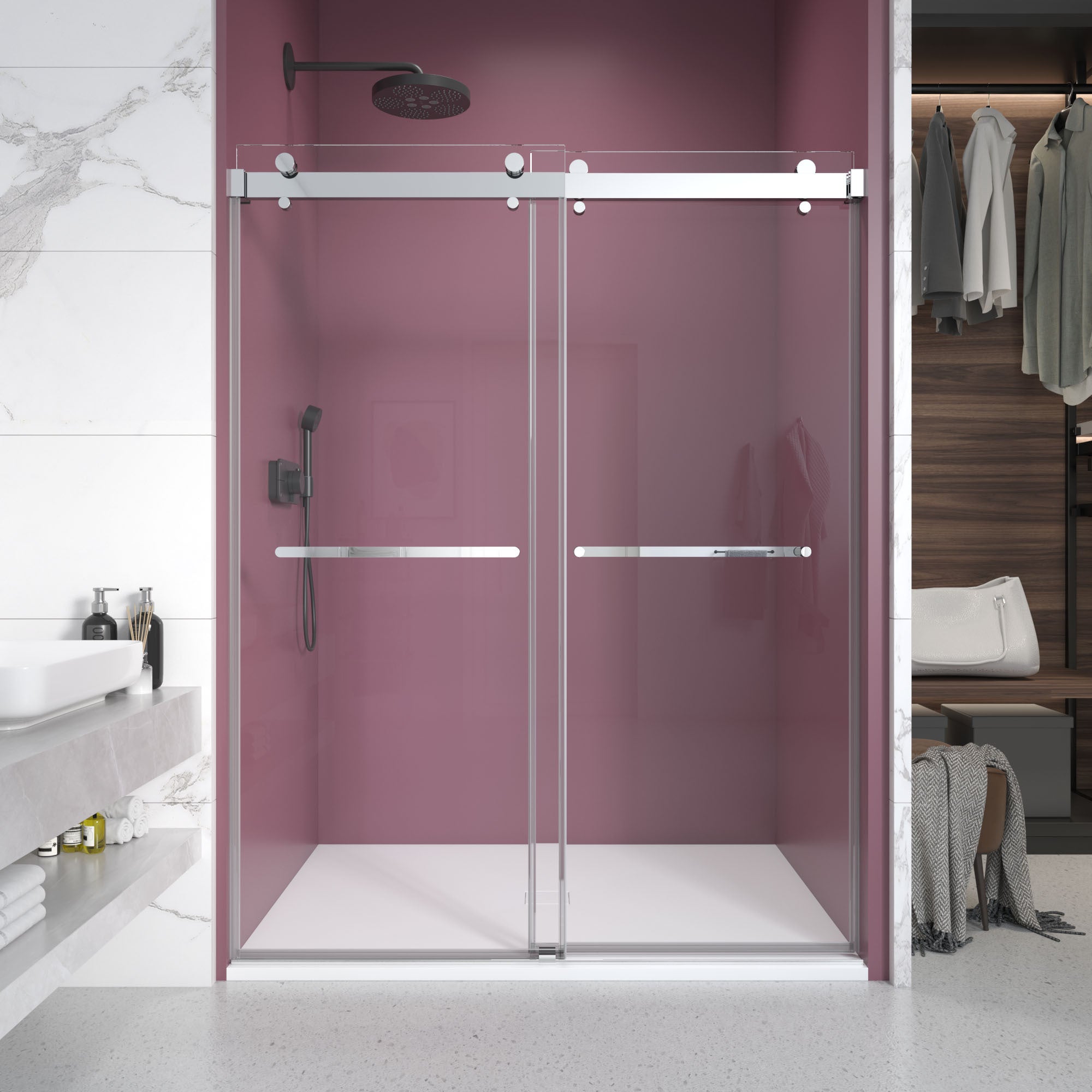 50'' 54'' W X 76'' H Double Sliding Frameless Shower Door With 3 8 Inch 10Mm Clear Glass In Chrome Chrome Stainless Steel