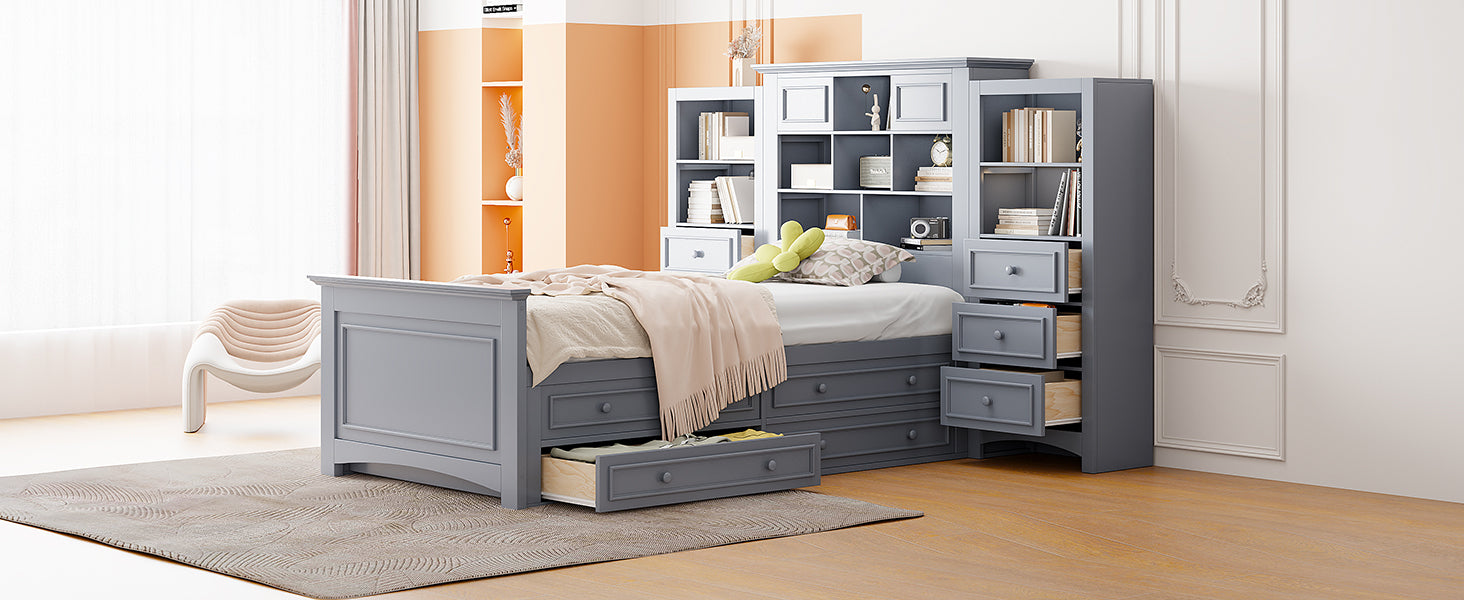 Twin Size Wood Platformbed With Vertical All In One Cabinet And 4 Drawers On Each Side, Gray Twin Gray Solid Wood Mdf