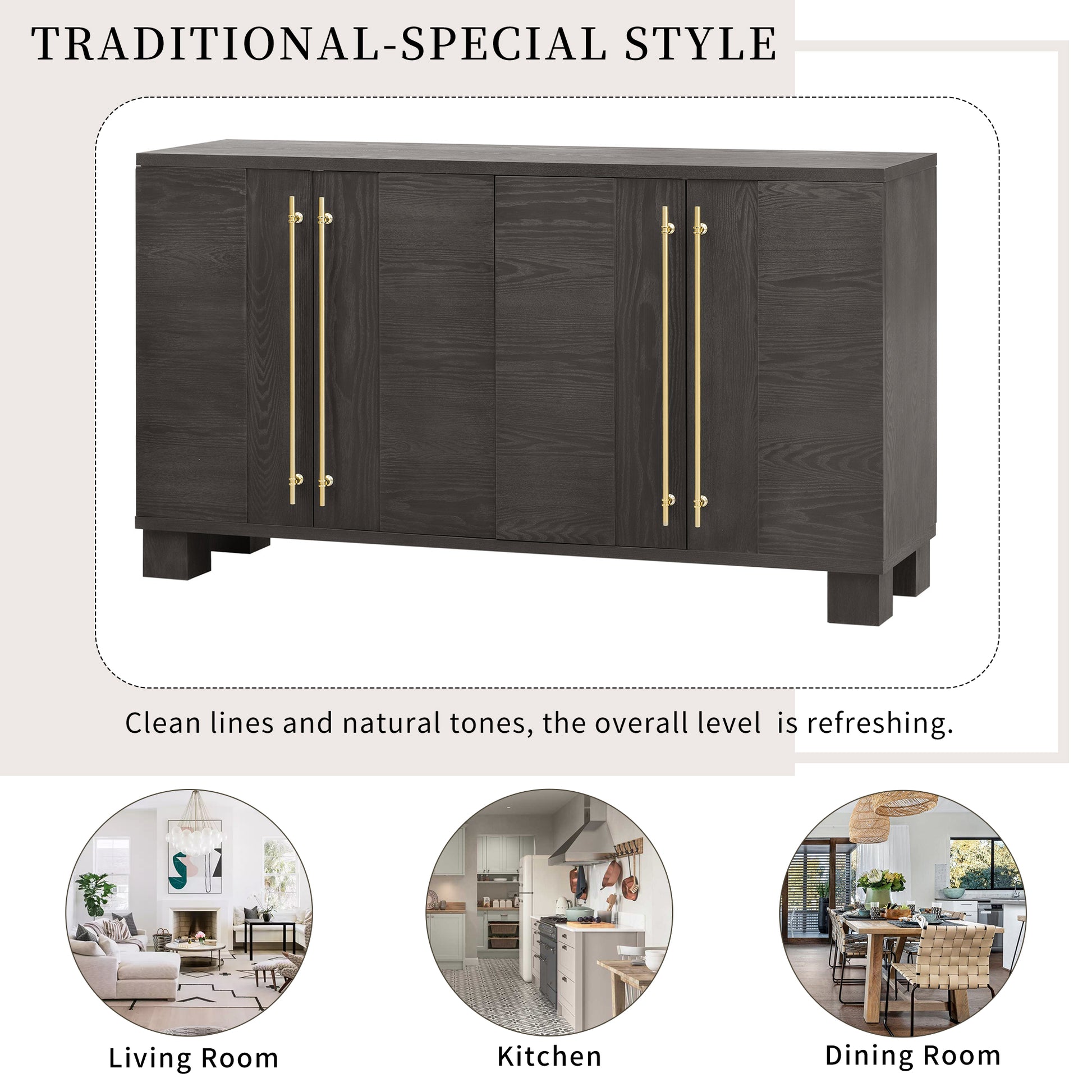 Wood Traditional Style Sideboard With Adjustable Shelves And Gold Handles For Kitchen, Dining Room And Living Room Taupe Taupe Mdf