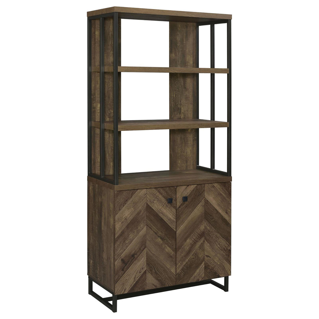 Rustic Oak Herringbone 2 Door Bookcase 3 Brown Standard Horizontal Office Open Back Wood Rustic With Doors Wood