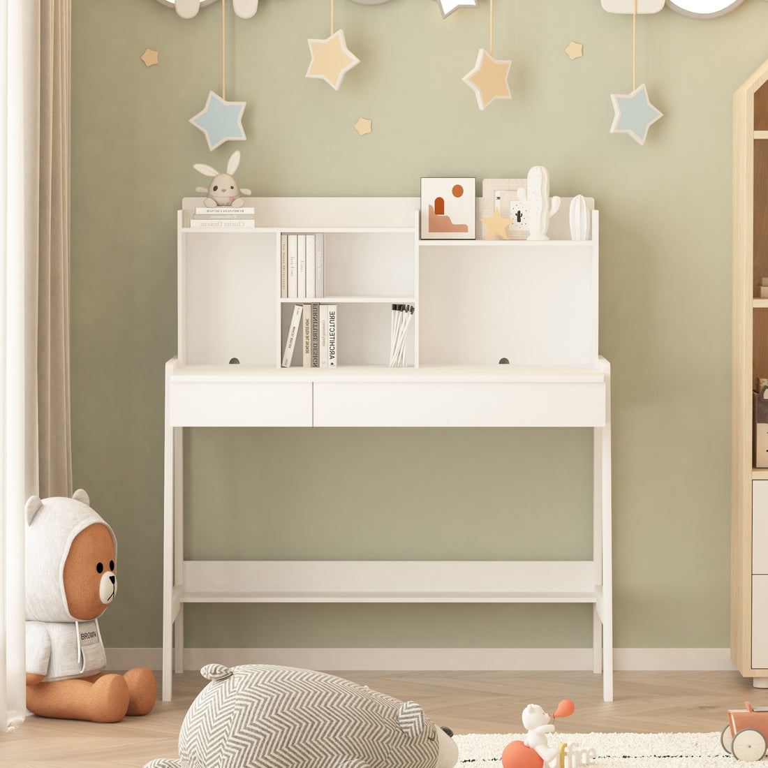 Modern Classic Desk, Children'S Desk, Solid Wood Desk, Bedroom Boy And Girl Family Desk And Chair Set, Compact, Multi Space Available, Multi Color Optional, Multi Storage Space, Color:White White Light Brown Desk And Chair Set Study Classic Pine