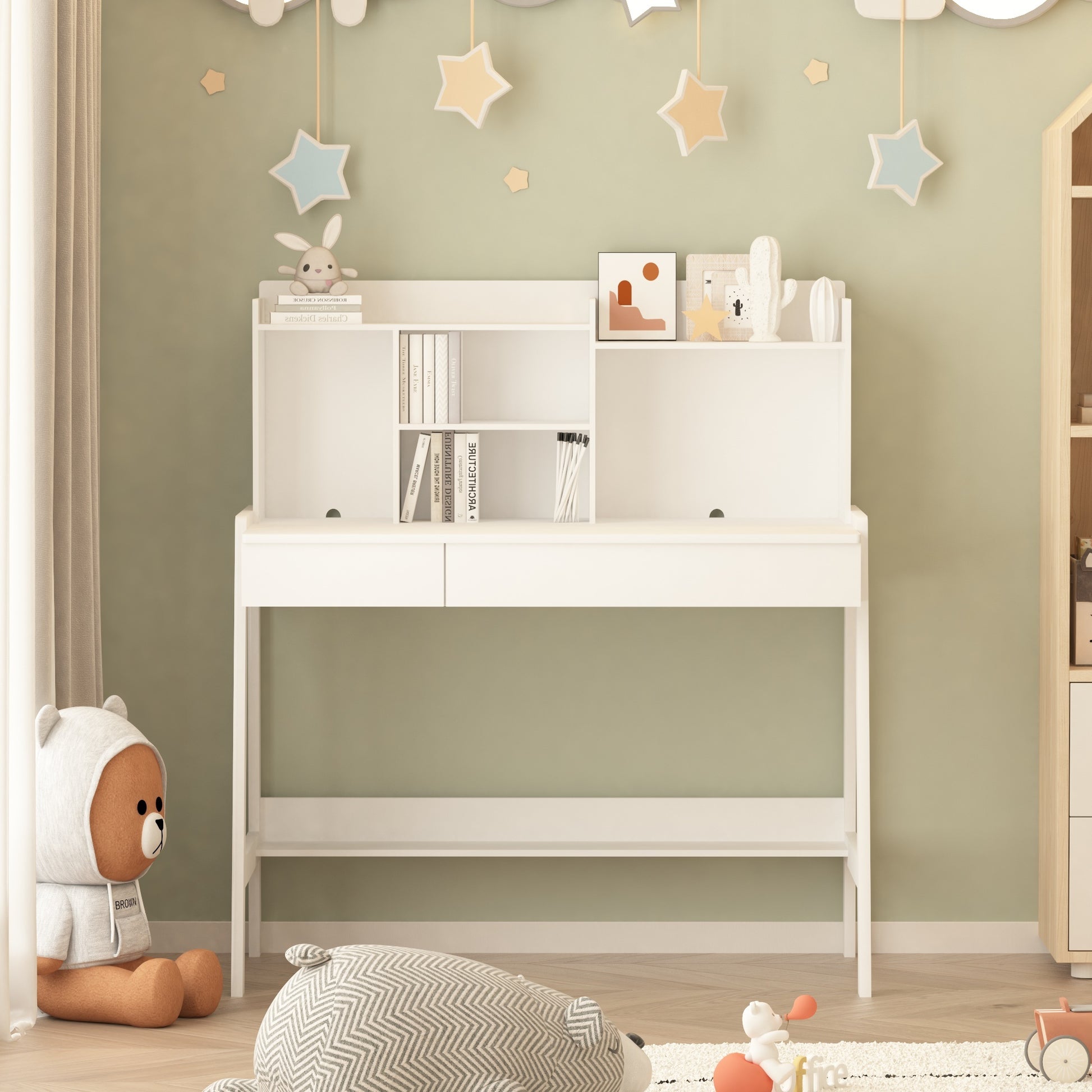 Modern Classic Desk, Children'S Desk, Solid Wood Desk, Bedroom Boy And Girl Family Desk And Chair Set, Compact, Multi Space Available, Multi Color Optional, Multi Storage Space, Color:White White Light Brown Desk And Chair Set Study Classic Pine