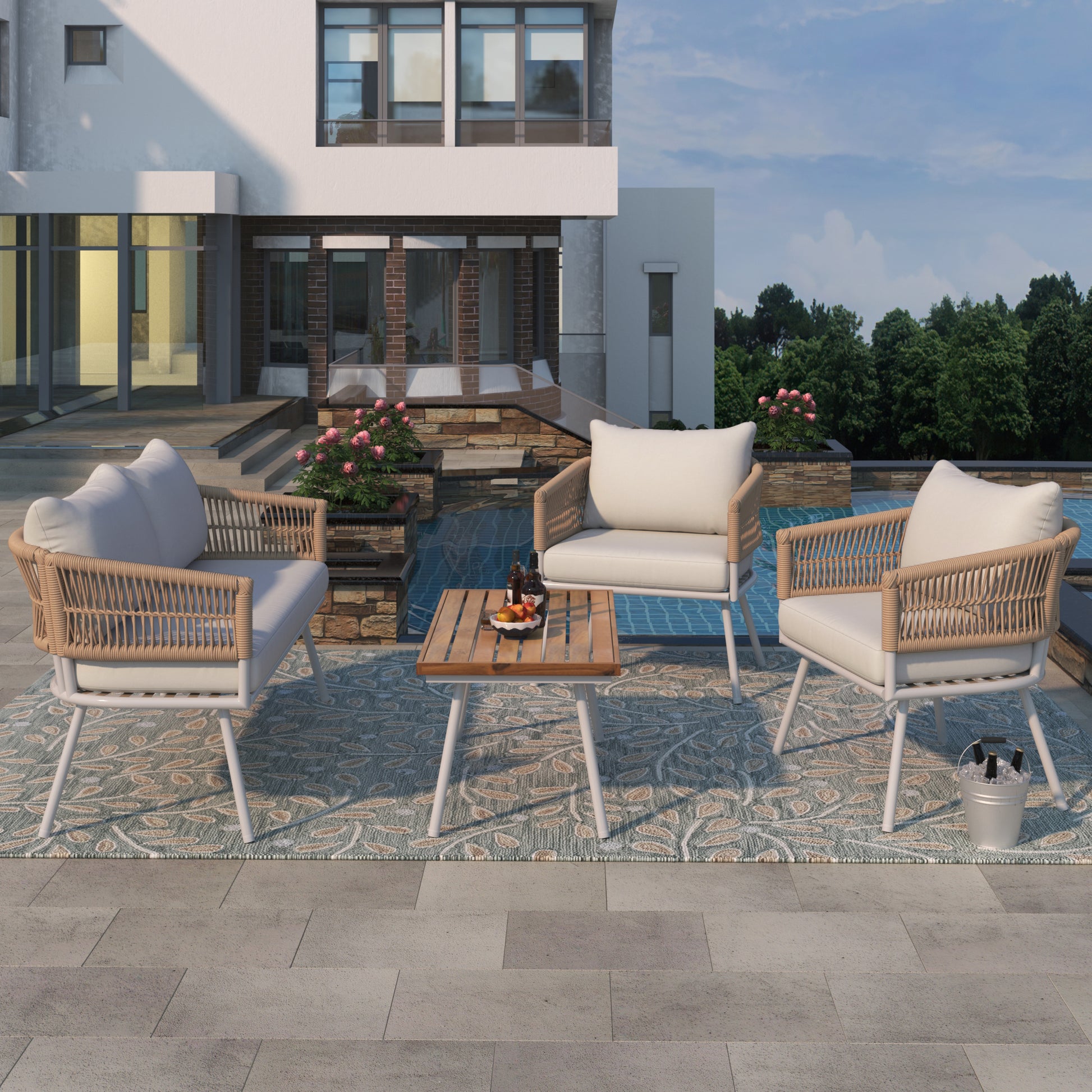 K&K 4 Piece Boho Rope Patio Furniture Set, Outdoor Furniture With Acacia Wood Table, Patio Conversation Set With Deep Seating & Thick Cushion For Backyard Porch Balcony, Beige Yes Complete Patio Set Beige Weather Resistant Frame Fade Resistant Cushion