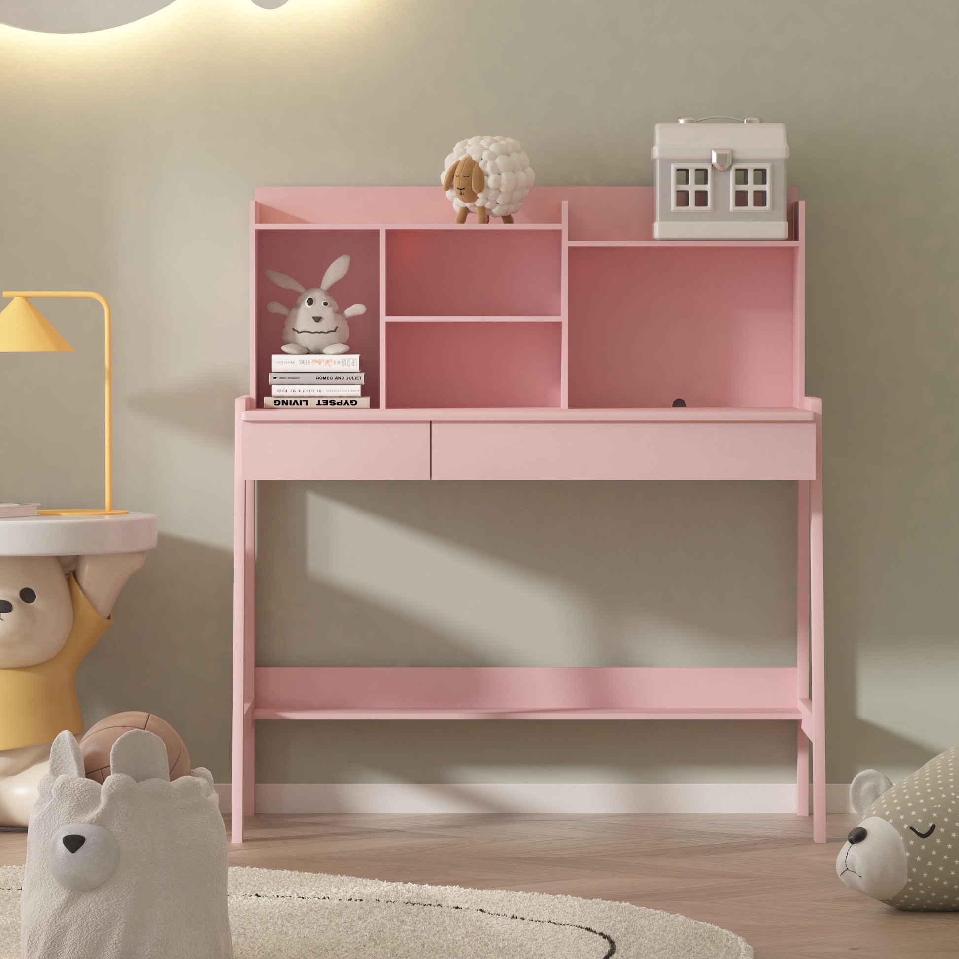 Modern Classic Desk, Children'S Desk, Solid Wood Desk, Bedroom Boy And Girl Family Desk And Chair Set, Compact, Multi Space Available, Multi Color Optional, Multi Storage Space, Color: Pink Pink Light Brown Desk And Chair Set Study Classic Pine