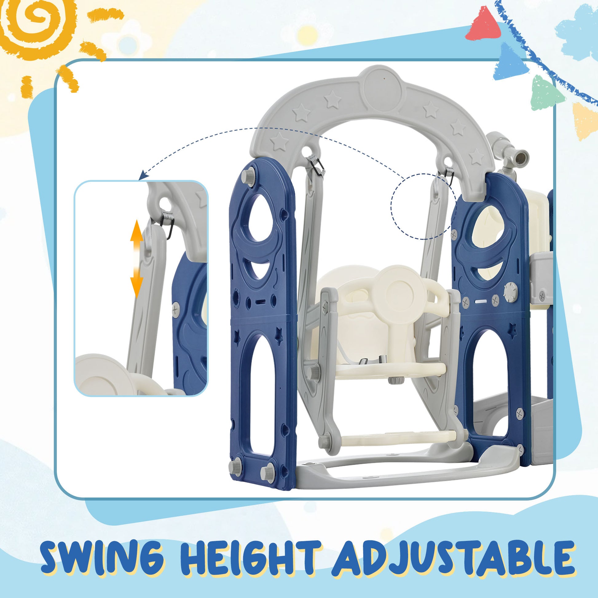 Toddler Slide And Swing Set 5 In 1, Kids Playground Climber Slide Playset With Telescope, Freestanding Combination For Babies Indoor & Outdoor Grey Blue Hdpe