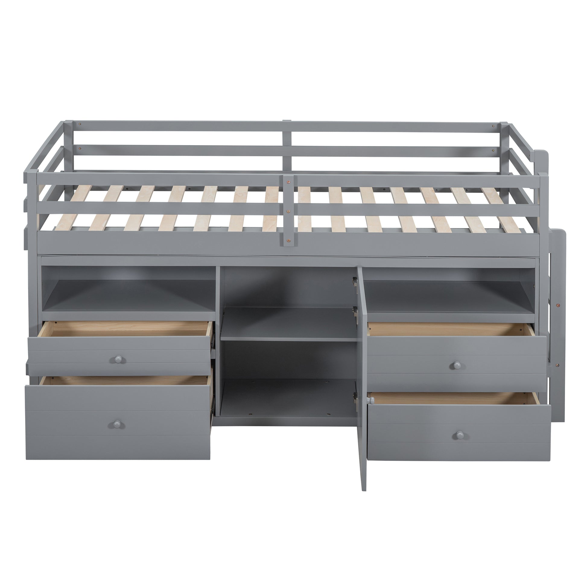 Twin Size Loft Bed With 4 Drawers, Underneath Cabinet And Shelves, Gray Gray Solid Wood Mdf