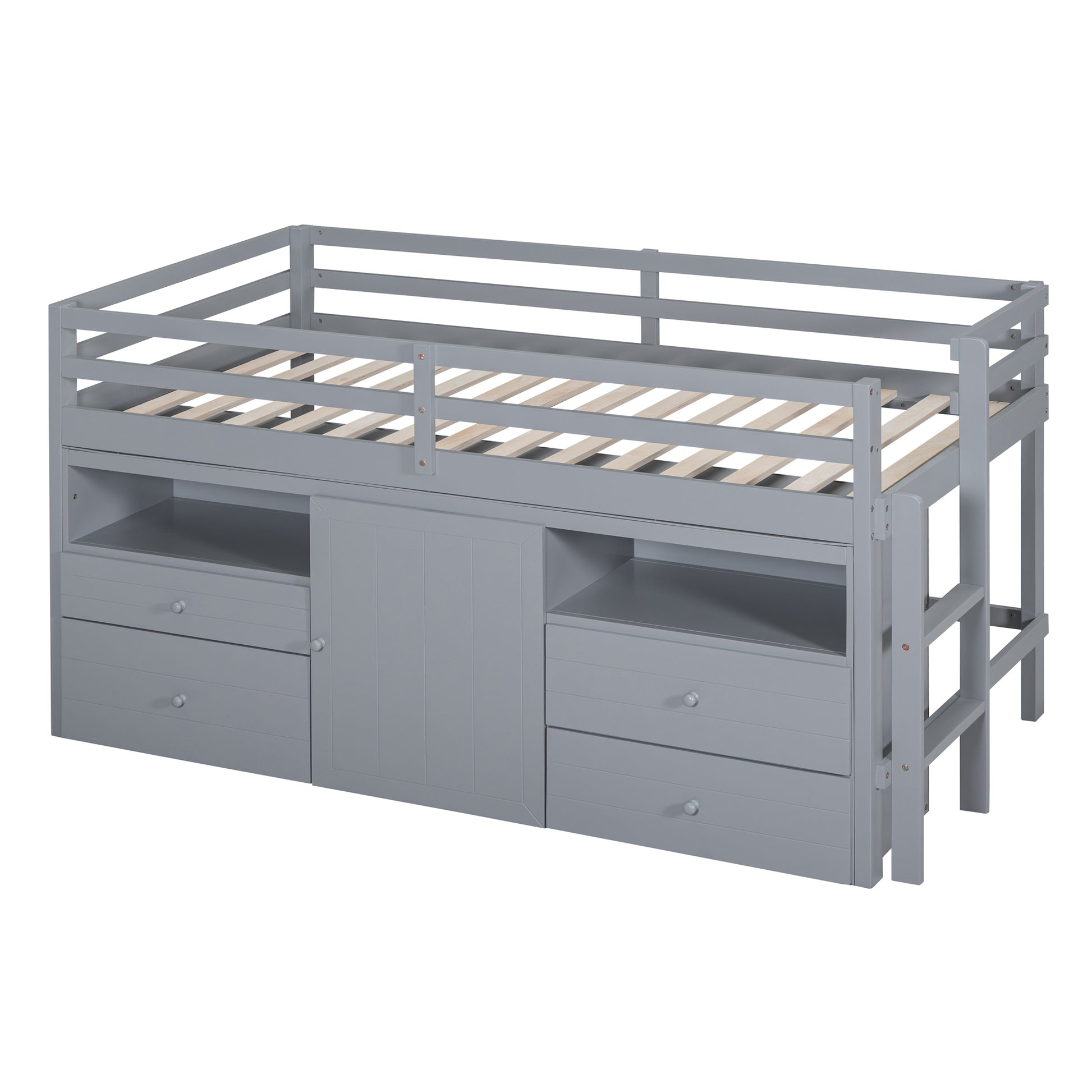 Twin Size Loft Bed With 4 Drawers, Underneath Cabinet And Shelves, Gray Gray Solid Wood Mdf