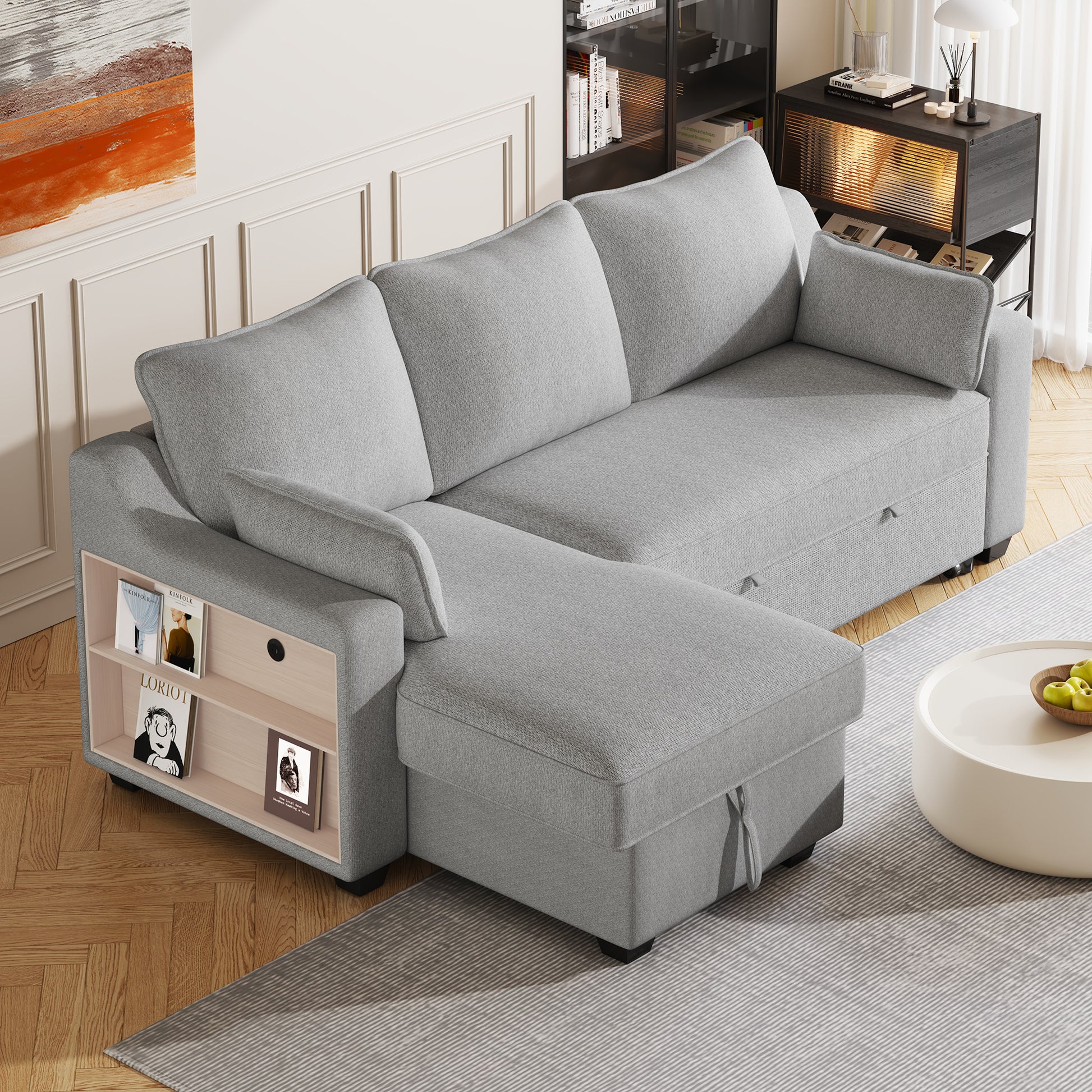 90" Pull Out Sleeper Sofa L Shaped Couch Convertible Sofa Bed With Storage Chaise, Storage Racks And Usb Ports, Light Grey Light Grey Foam Polyester 3 Seat