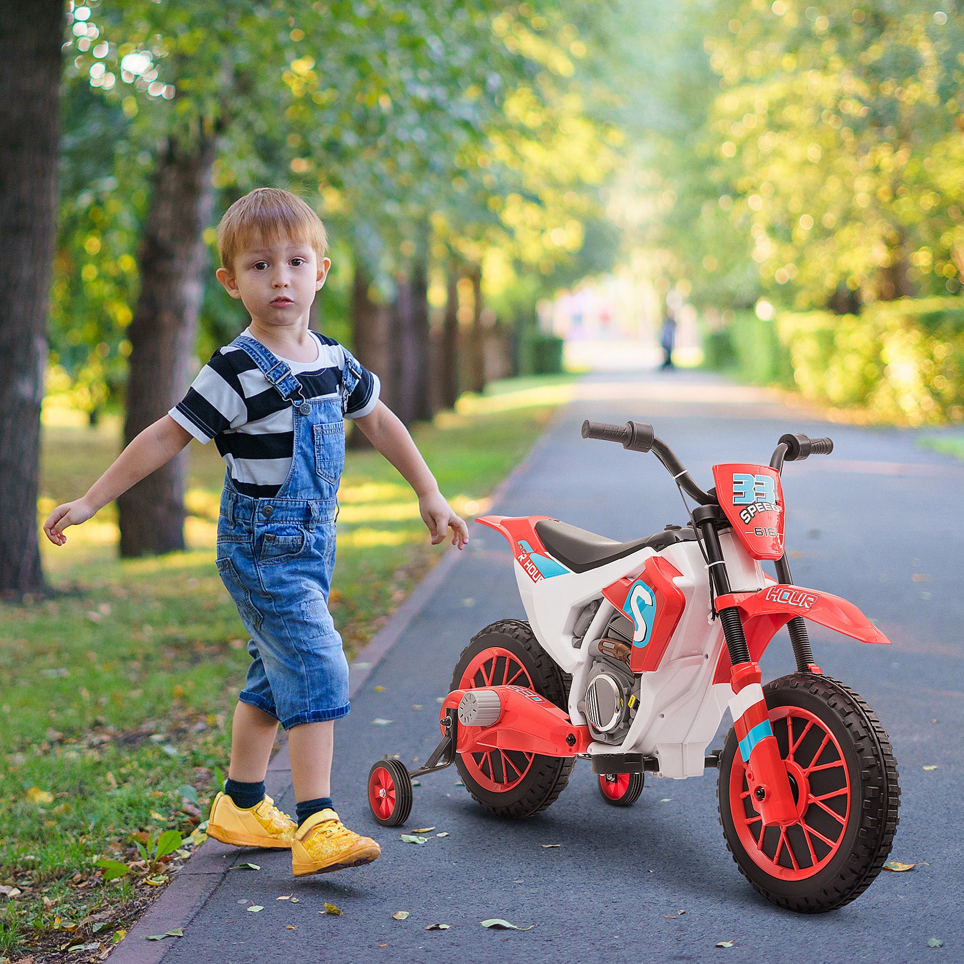 12V Kids Motorcycle Dirt Bike Electric Battery Powered Ride On Toy Off Road Street Bike With Charging Battery, Training Wheels Red Red Steel