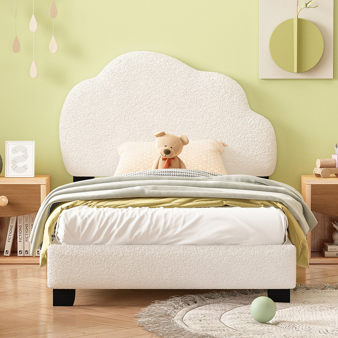 Twin Size Upholstered Boucle Fabric Platform Bed With Cloud Shaped Headboard White Upholstered