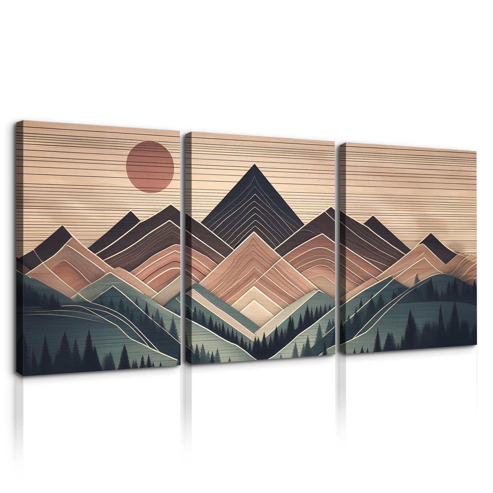 3 Panels Framed Abstract Wood Grain Boho Style Mountain & Forest Canvas Wall Art Decor,3 Pieces Mordern Canvas Decoration Painting For Office,Dining Room,Living Room, Bedroom Decor Ready To Hang Rectangle Framed Multicolor Oversized 41In Canvas Nature