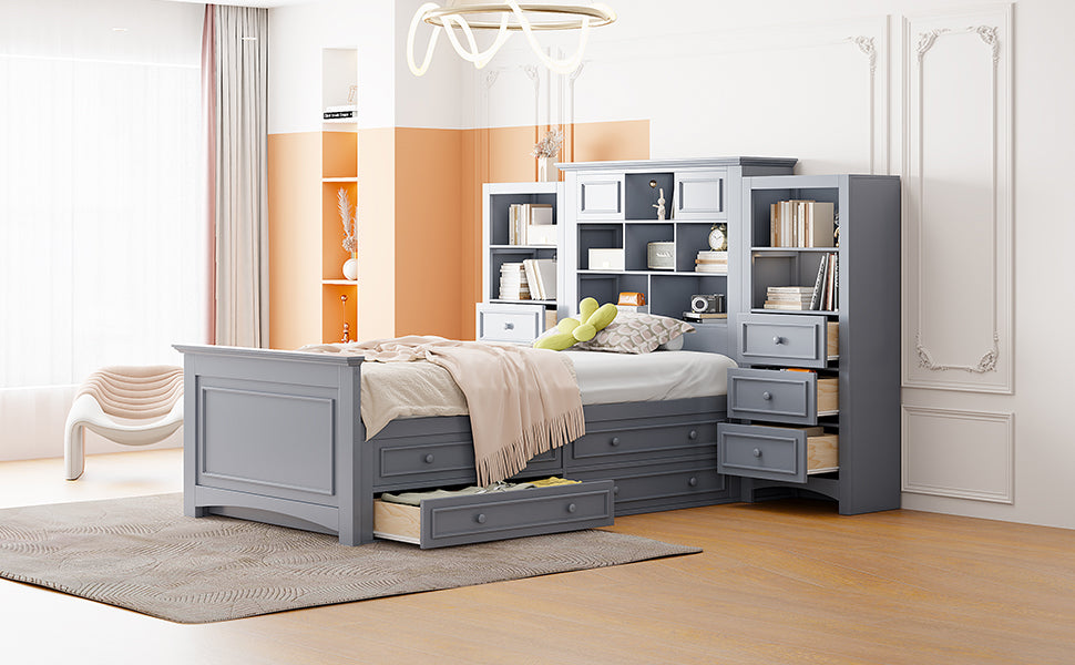 Twin Size Wood Platformbed With Vertical All In One Cabinet And 4 Drawers On Each Side, Gray Twin Gray Solid Wood Mdf