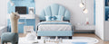 Twin Size Upholstered Velvet Platform Bed With Shell Shaped Headboard, Blue Blue Upholstered